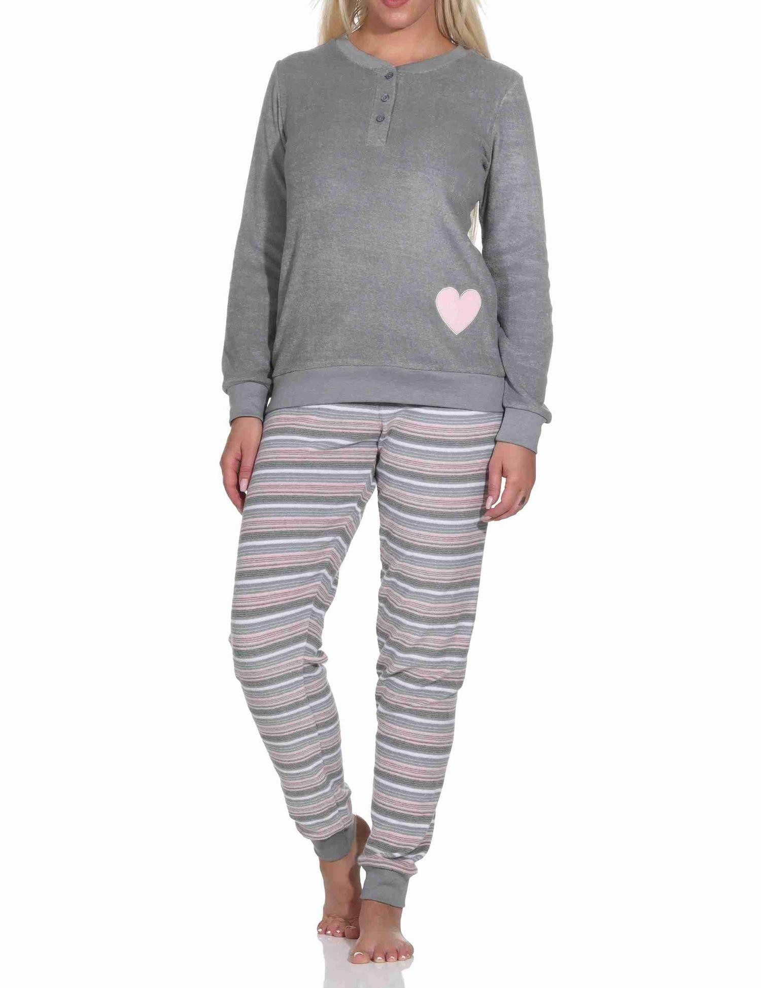 Normann Pyjama Wunderschöner Damen Frottee Schlafanzug mit Bündchen und Herz-Motiv – Bild 2 von 5