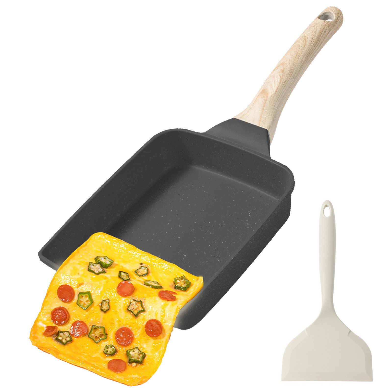 BlingBin Bratpfanne Antihaft Tamagoyaki Omelette Pfanne, Eierpfanne mit Holzgriff, Aluminiumlegierung (1er Set, 1-tlg., 1 Stück), Pfanne mit Silikonspatel für Alle Herdarten, Spülmaschinenfest