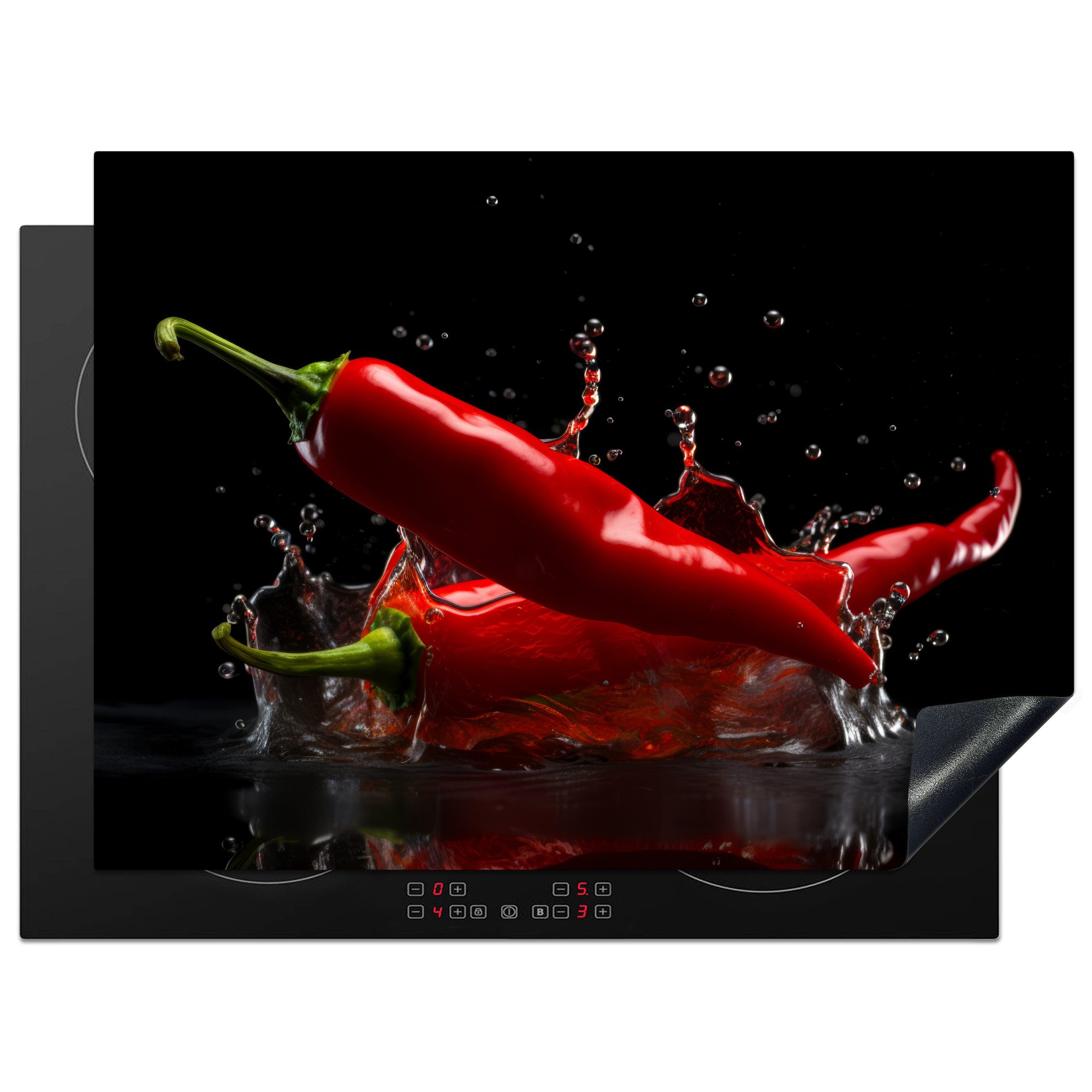 MuchoWow Herd-Abdeckplatte Paprika - Rot - Schwarz - Wasser - Gemüse, Vinyl, (1 tlg), Küche Herdabdeckung Ceranfeld Induktionsfeld Vinyl, 65x50 cm