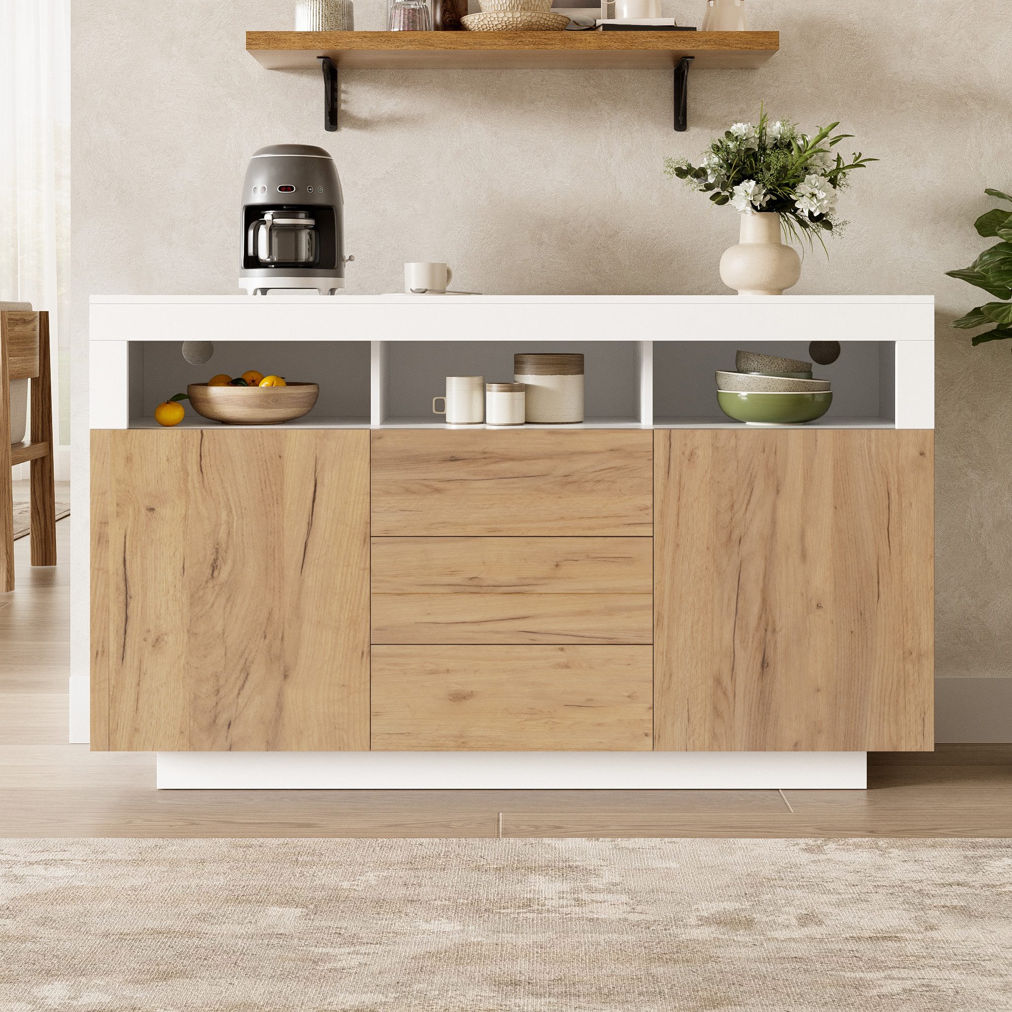 MODFU Sideboard für Wohnzimmer, Flur oder Küche (mit 3 Schubladen und 2 Türen, geeignet für Wohnzimmer, Flur oder Küche, Naturholzoptik + Weiß, 1 St., B140/T40/H85 cm)