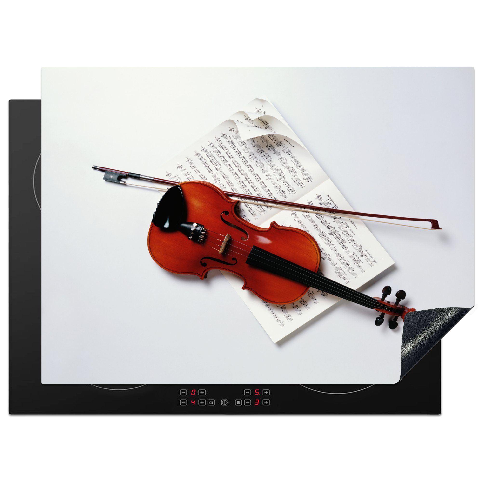 auf 70x52 Geige nutzbar, Mobile Vinyl, cm, Arbeitsfläche Eine MuchoWow (1 tlg), einem Herdblende-/Abdeckplatte mit Notenblatt, einem Bogen Ceranfeldabdeckung