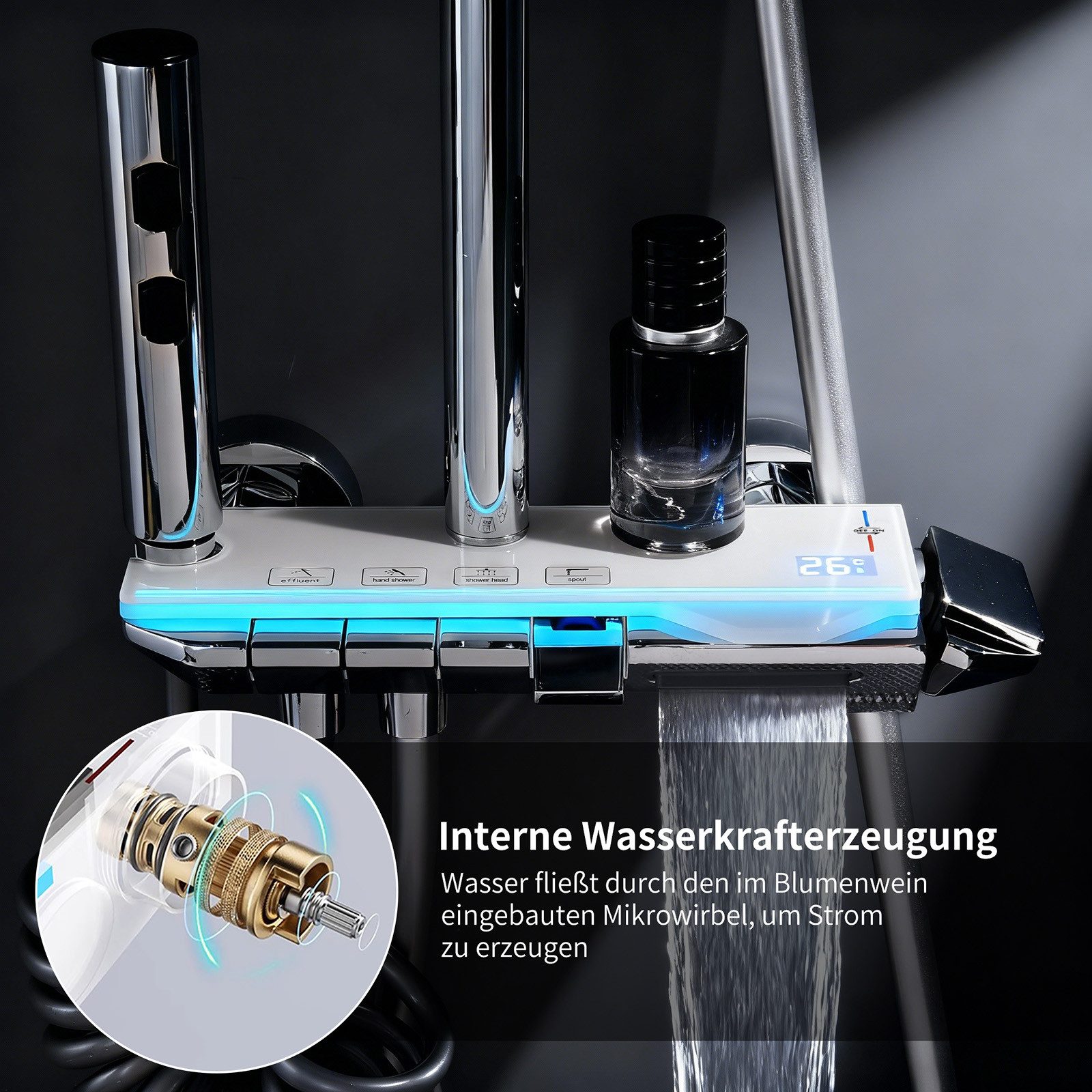 HOMELODY Duschsystem Duscharmatur Komplettset mit Glasablage - Regendusche mit Armatur, 3 Strahlart(en), Set, Duscharmatur mit Klavierknopf,4 Strahlarten mit Wasserfall-Auslauf