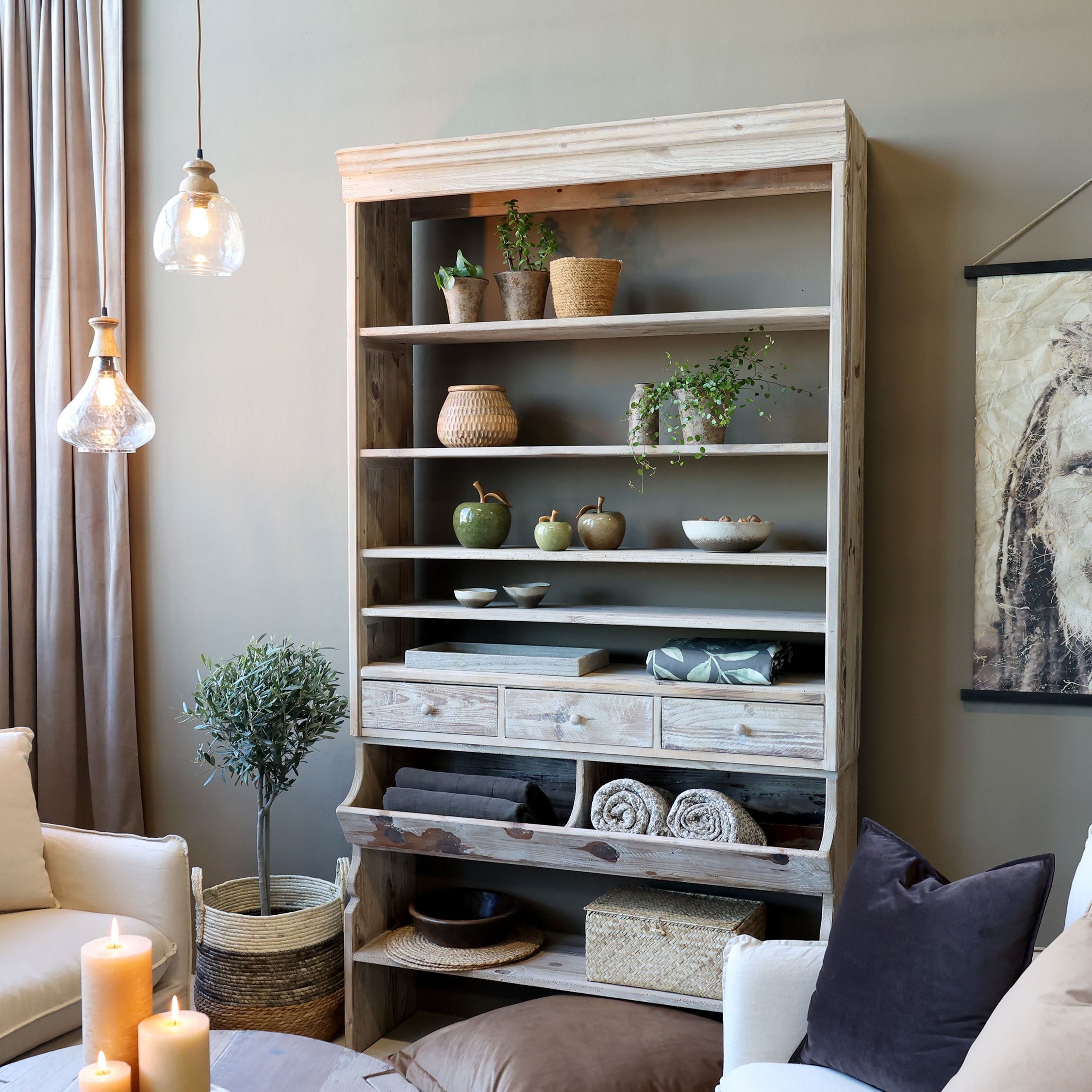 Chic Antique Standregal Regal mit Ablageböden und Schubladen H222/L124/B34 cm natur, 1-tlg.