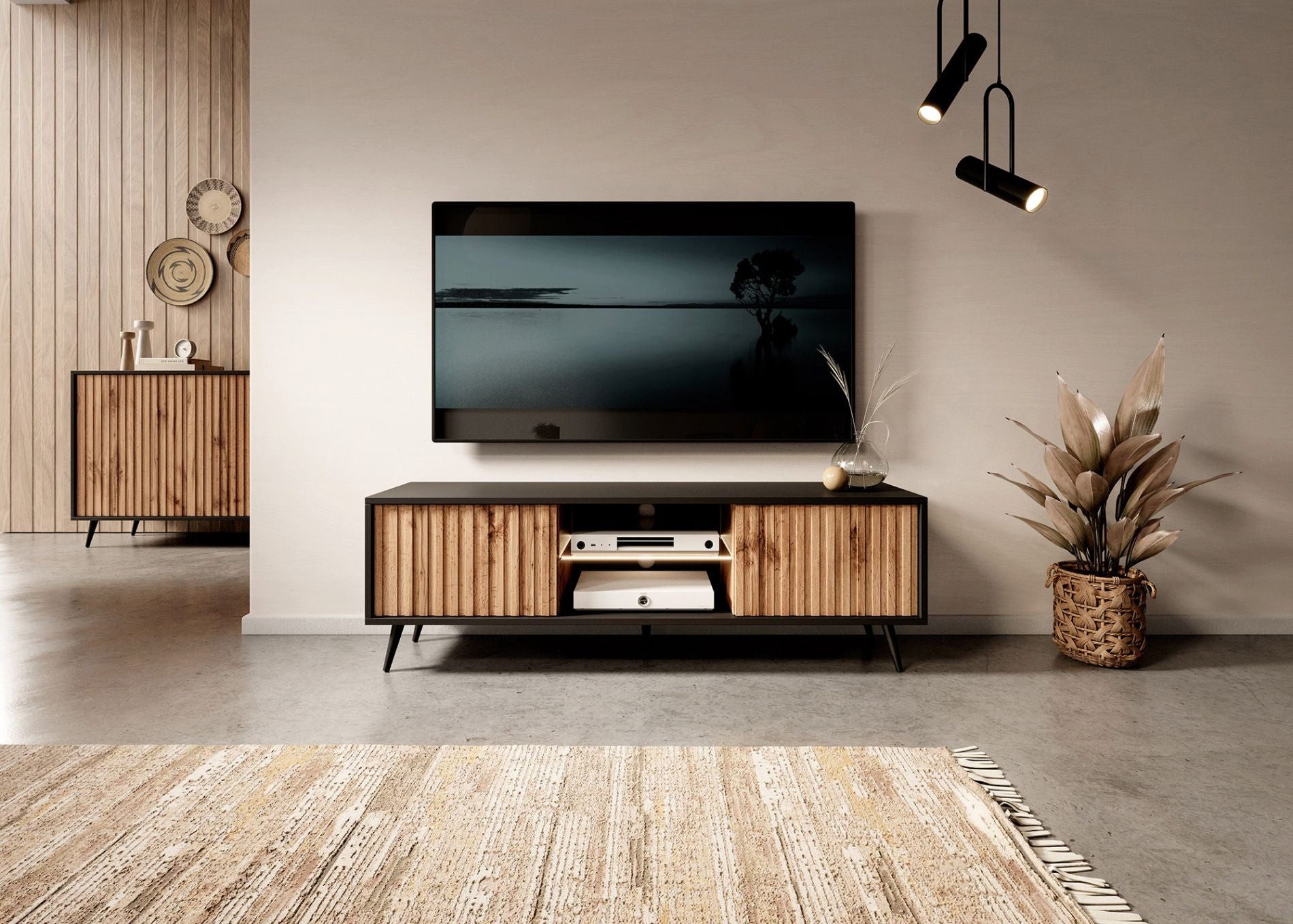 Selsey TV-Schrank BELLO mit schwarzen Füßen, Lamellenfronten und LED, 135 cm