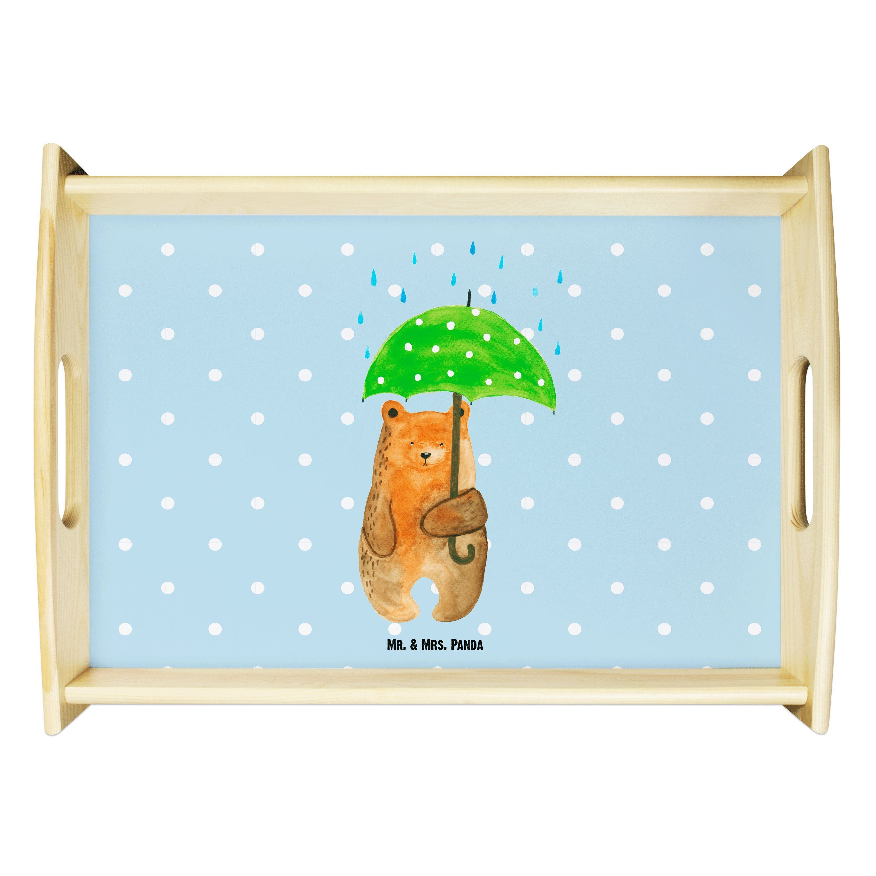 Mr. & Mrs. Panda Tablett Bär mit Regenschirm - Blau Pastell - Geschenk, Spruch, Partner zurück, Echtholz lasiert, (1-tlg)