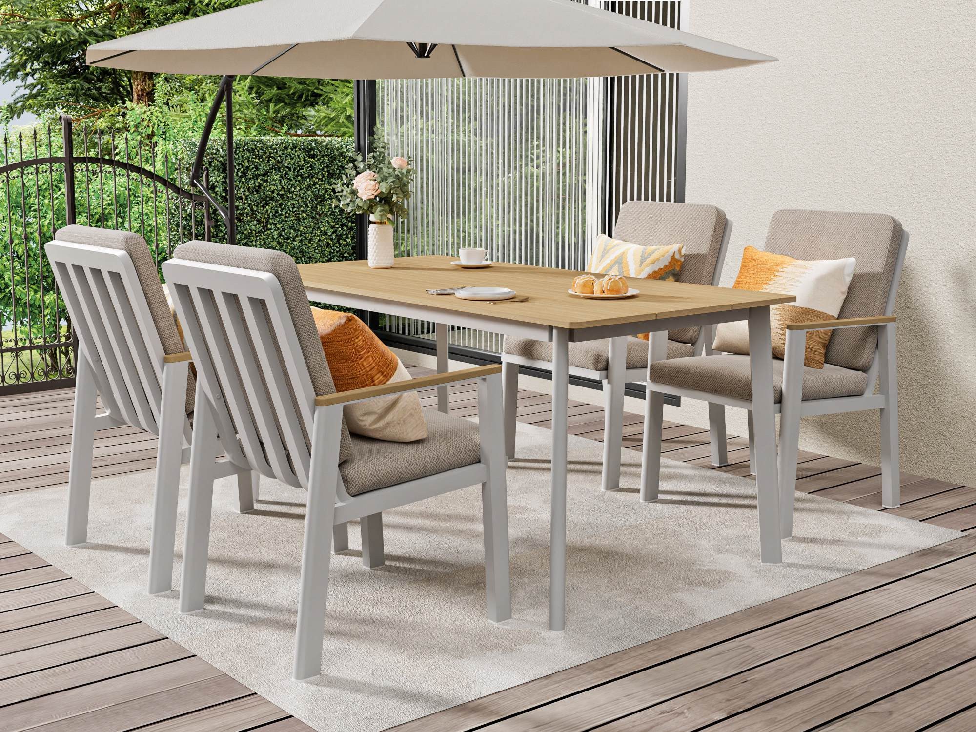 MeXo Gartenlounge-Set Garten Essgruppe für 4 Personen, (Gartenmöbel Set aus Aluminium, 5-tlg., mit PS-Tisch & bequemen Sesseln inkl. Kissen), Ideal für Garten, Terrasse & Balkon