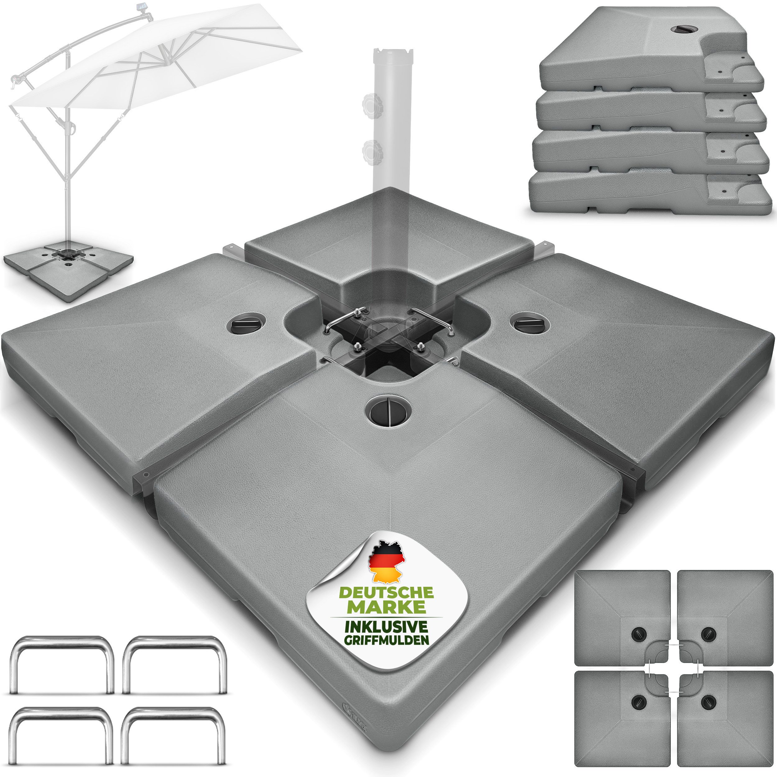 tillvex Sonnenschirm tillvex® Sonnenschirmständer 90L / 120kg Schirmständer Schirmgewicht, Schirmständer Ampelschirmständer wetterfest, inkl. Metallverbinder Schirmgewicht befüllbar, Sonnenschirmständer 90 Liter / 120 kg – 4-teilig für Ampelschirm