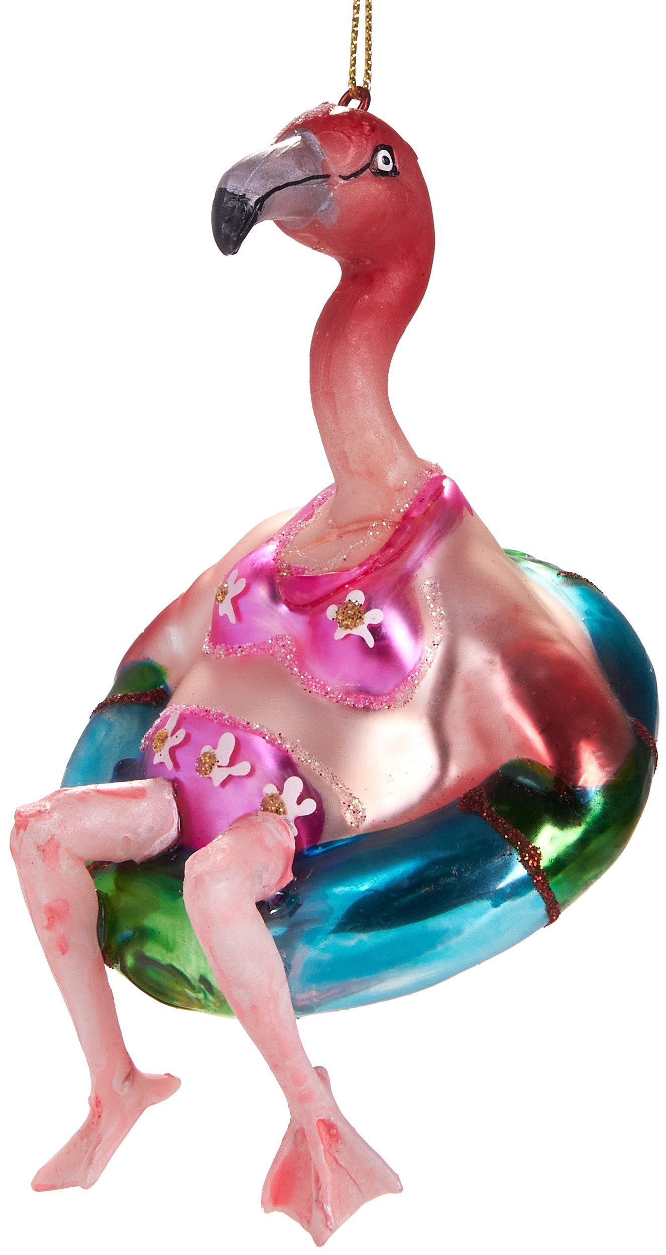 BRUBAKER Christbaumschmuck Mundgeblasene Weihnachtskugel Flamingo mit Bikini, witzige Weihnachtsdekoration aus Glas, handbemalt - 8.5 cm