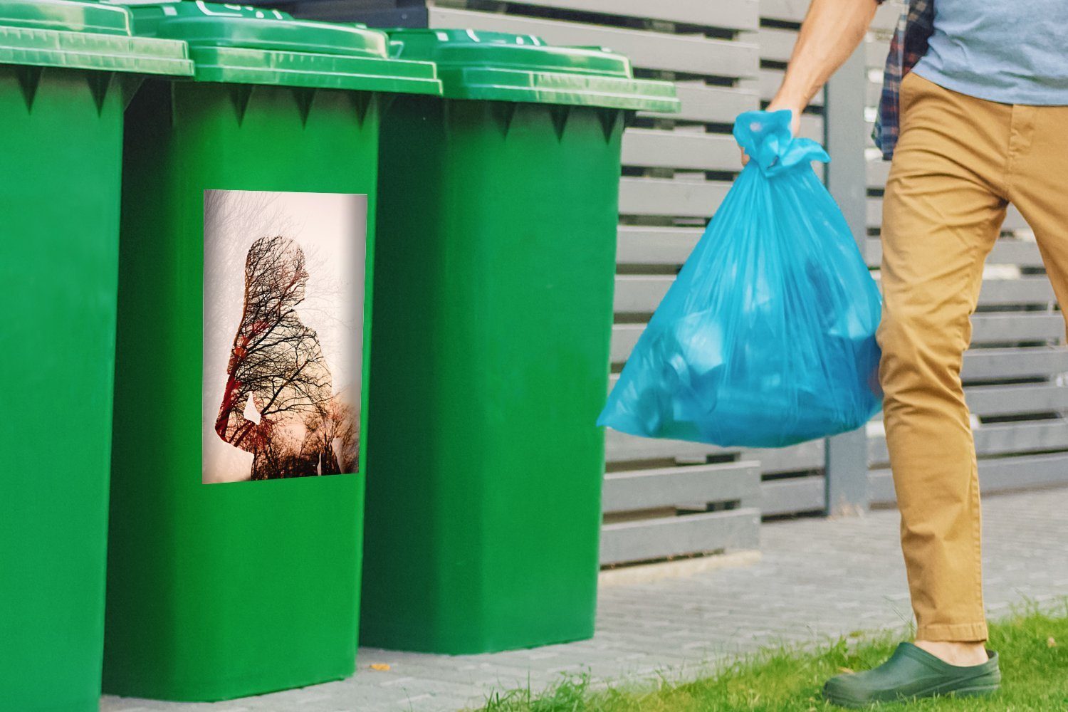 St), Frau einer Bild Zweigen Container, Mülltonne, mit MuchoWow (1 belichtetes Mehrfach Mülleimer-aufkleber, Abfalbehälter Sticker, Wandsticker