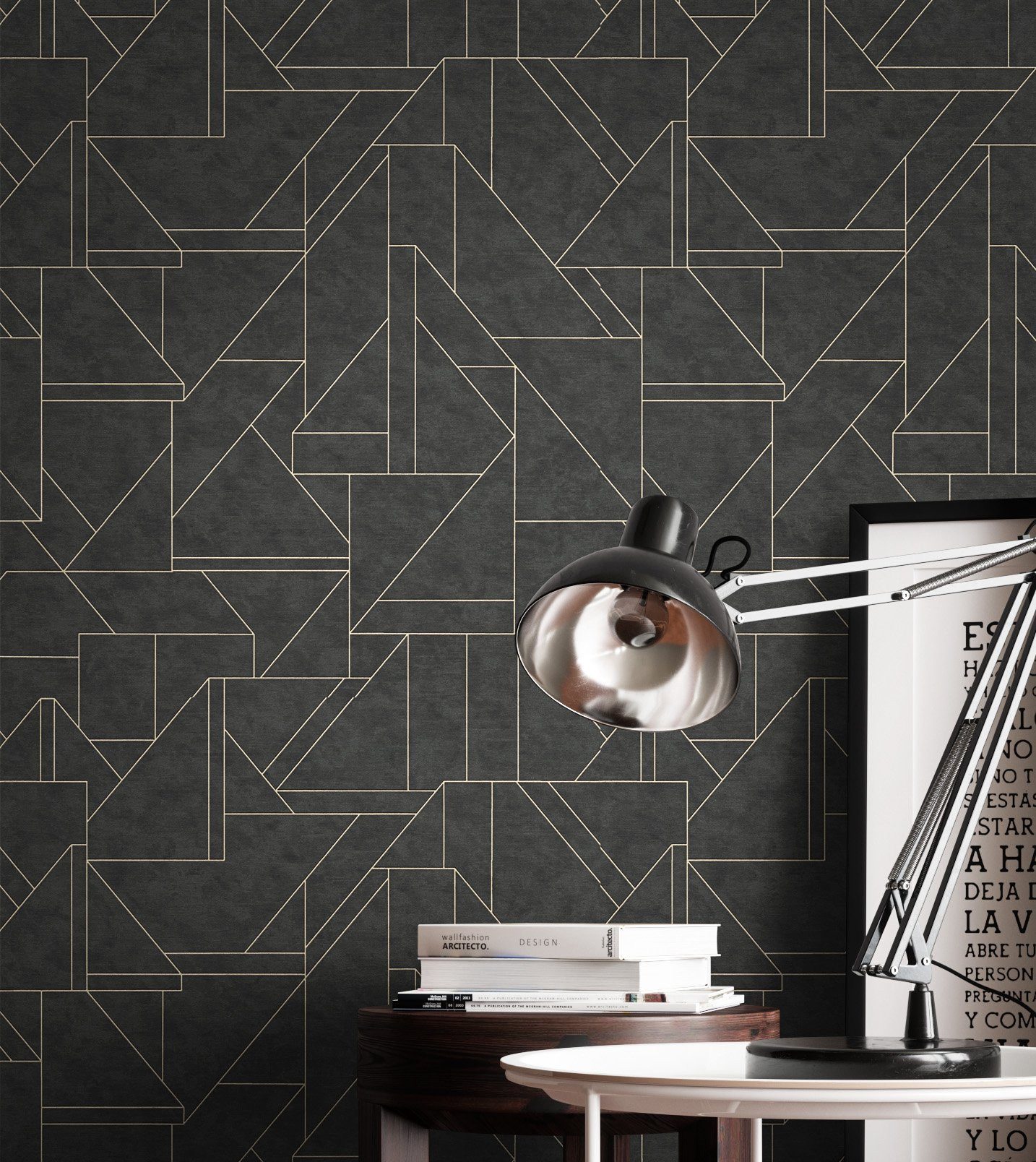 Newroom Vliestapete, Anthrazit Tapete Modern Geometrische Muster - Mustertapete Retro Dunkelgrau Gold Grafisch Geometrisch Linien Leicht glänzend für Wohnzimmer Schlafzimmer Küche, Mustertapete, Retro