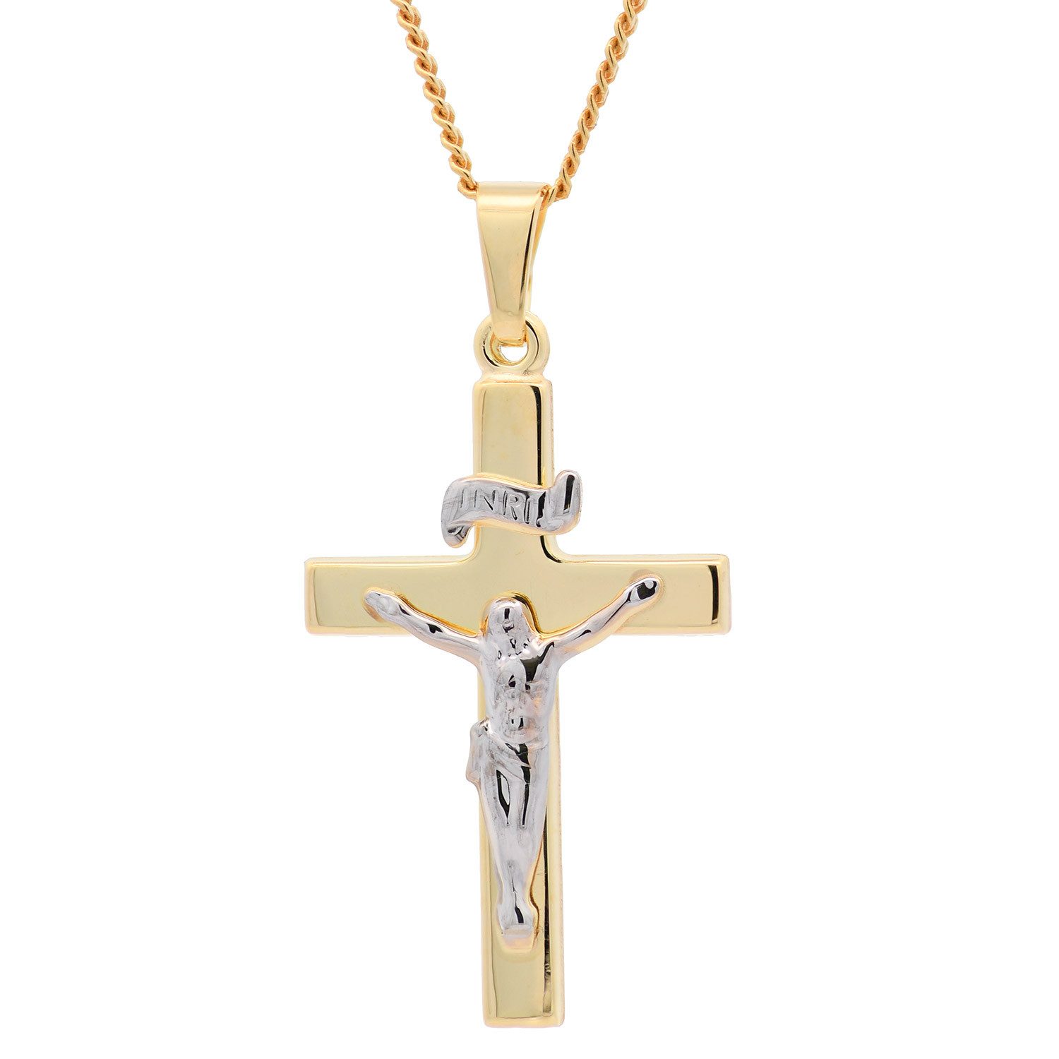 HOPLO Kreuzanhänger Anhänger Kreuz Korpus 585 Gold mit vergoldeter Silberkette 36 cm, Made in Germany