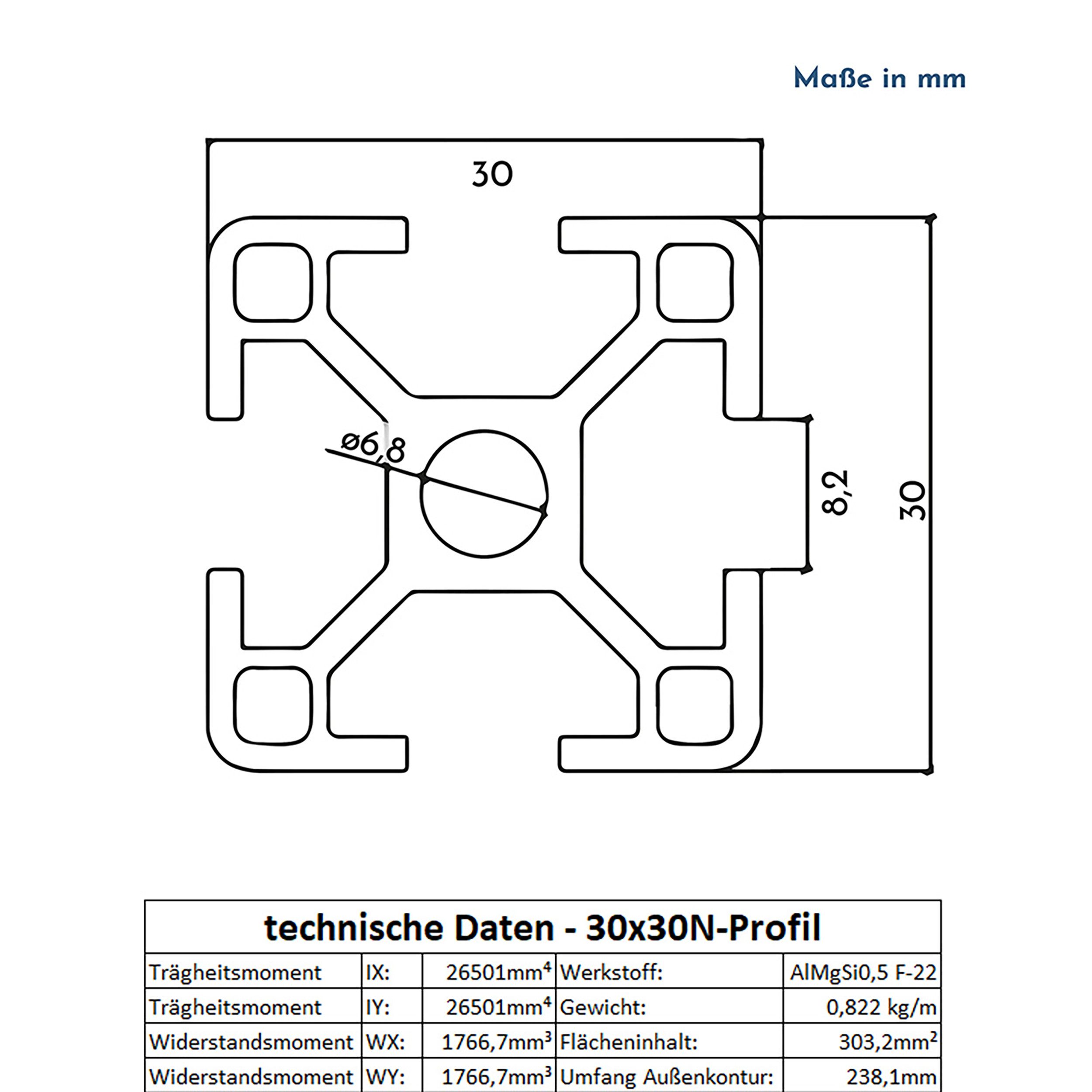KLAK Profil KLAK 30 - 6x Aluprofil 30x30mm 2m System-, Montageprofil Typ-I Nut 8 (Set)