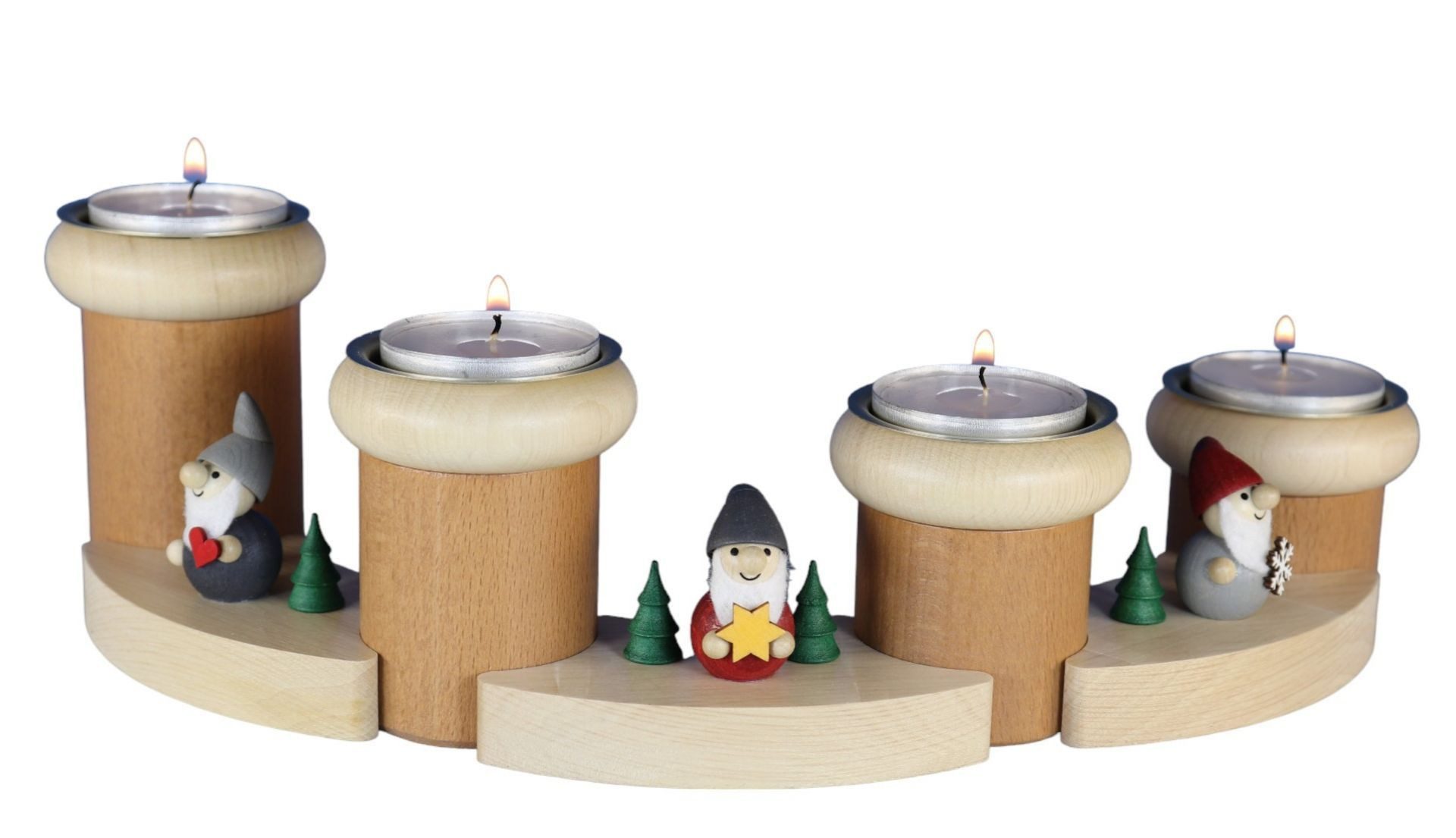 Ullrich Kunsthandwerk Teelichthalter Adventsleuchter Wichtel 7-tlg mit Teelichter bunt BxH 32x8cm NEU