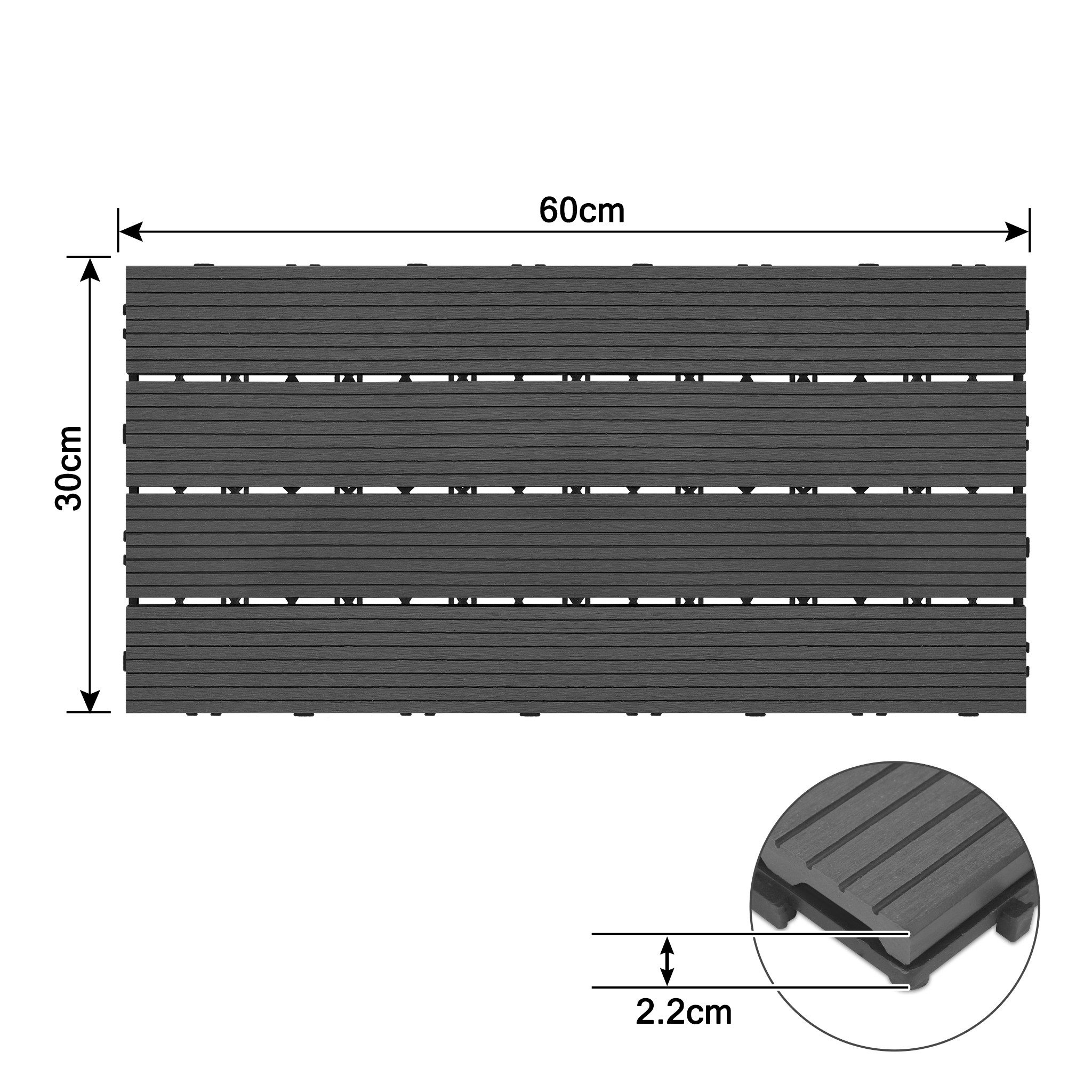 FIVMEN Terrassendielen WPC Fliesen Terrassenfliesen 30x60cm mit klicksystem, Anthrazit, (6-St), für Terrasse und Balkon
