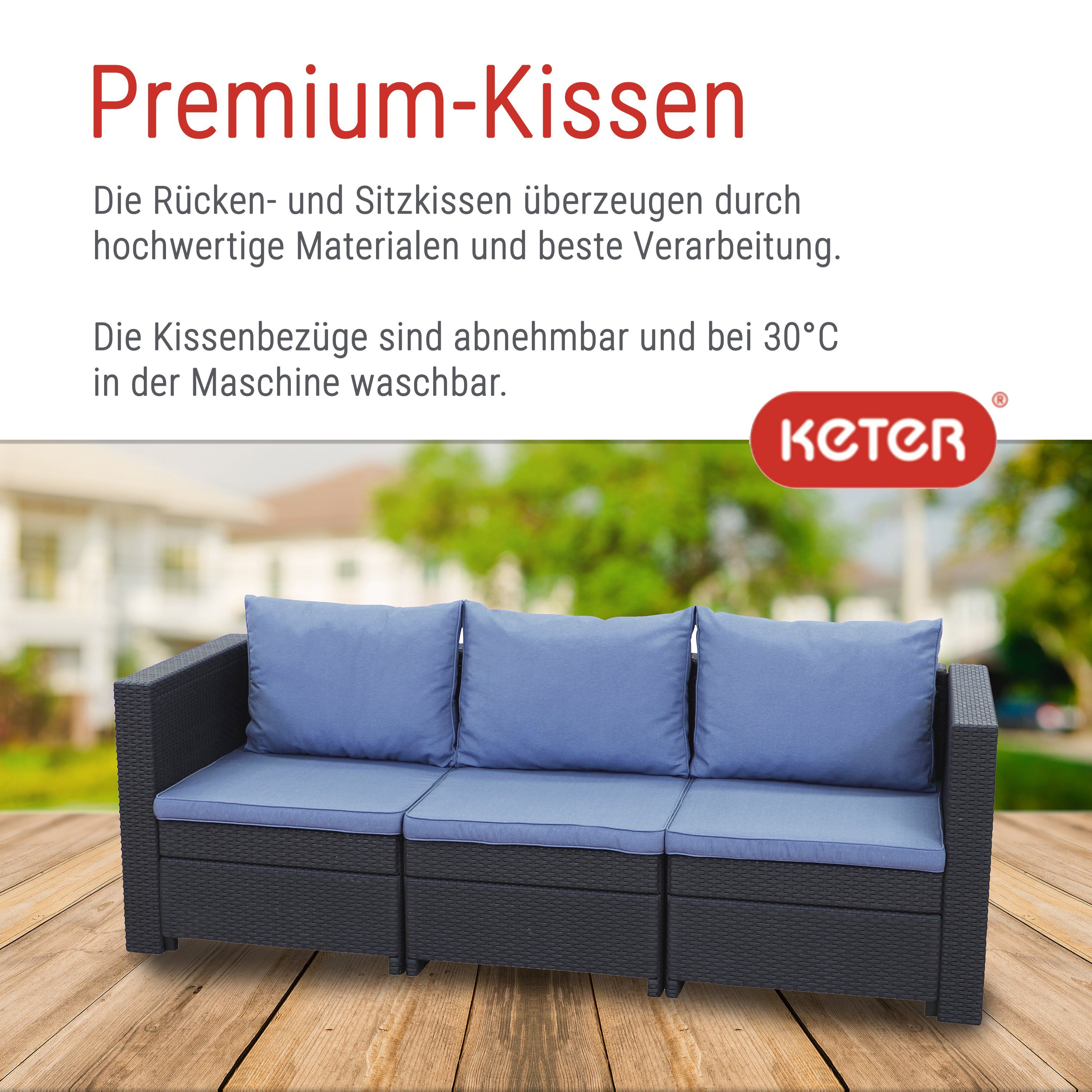 Keter Gartenlounge-Set Keter 3-Sitzer Gartensofa Panama Rauch-Blau Premium Provence anthrazit Kissen Kissenfarbe mit