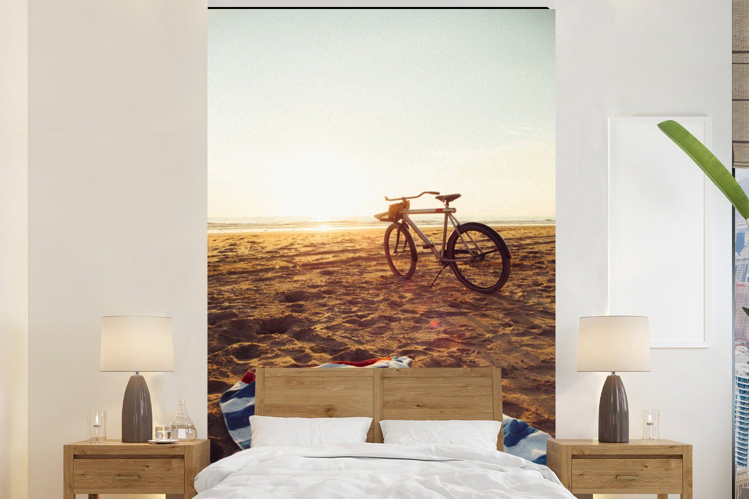 MuchoWow Fototapete Strand - Fahrrad - Handtuch, Matt, bedruckt, (3 St), Montagefertig Vinyl Tapete für Wohnzimmer, Wandtapete