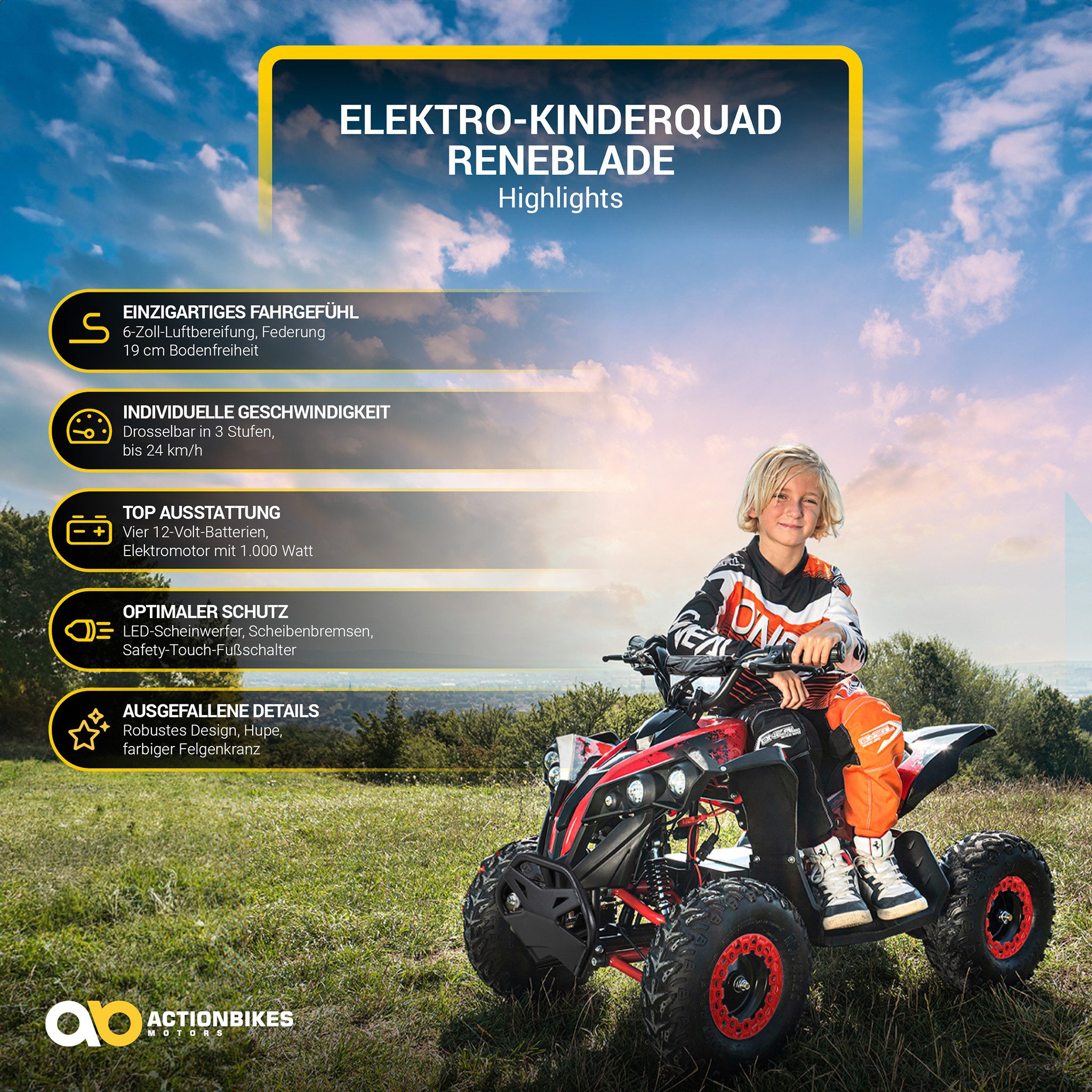 Actionbikes Motors Elektro-Kinderquad Elektroquad Reneblade 1000 W 48 V ab 8 Jahren, Belastbarkeit 50,00 kg, (1-tlg), Pocket Quad, Safety Touch, gelochte Scheibenbremse, bis 24 km/h