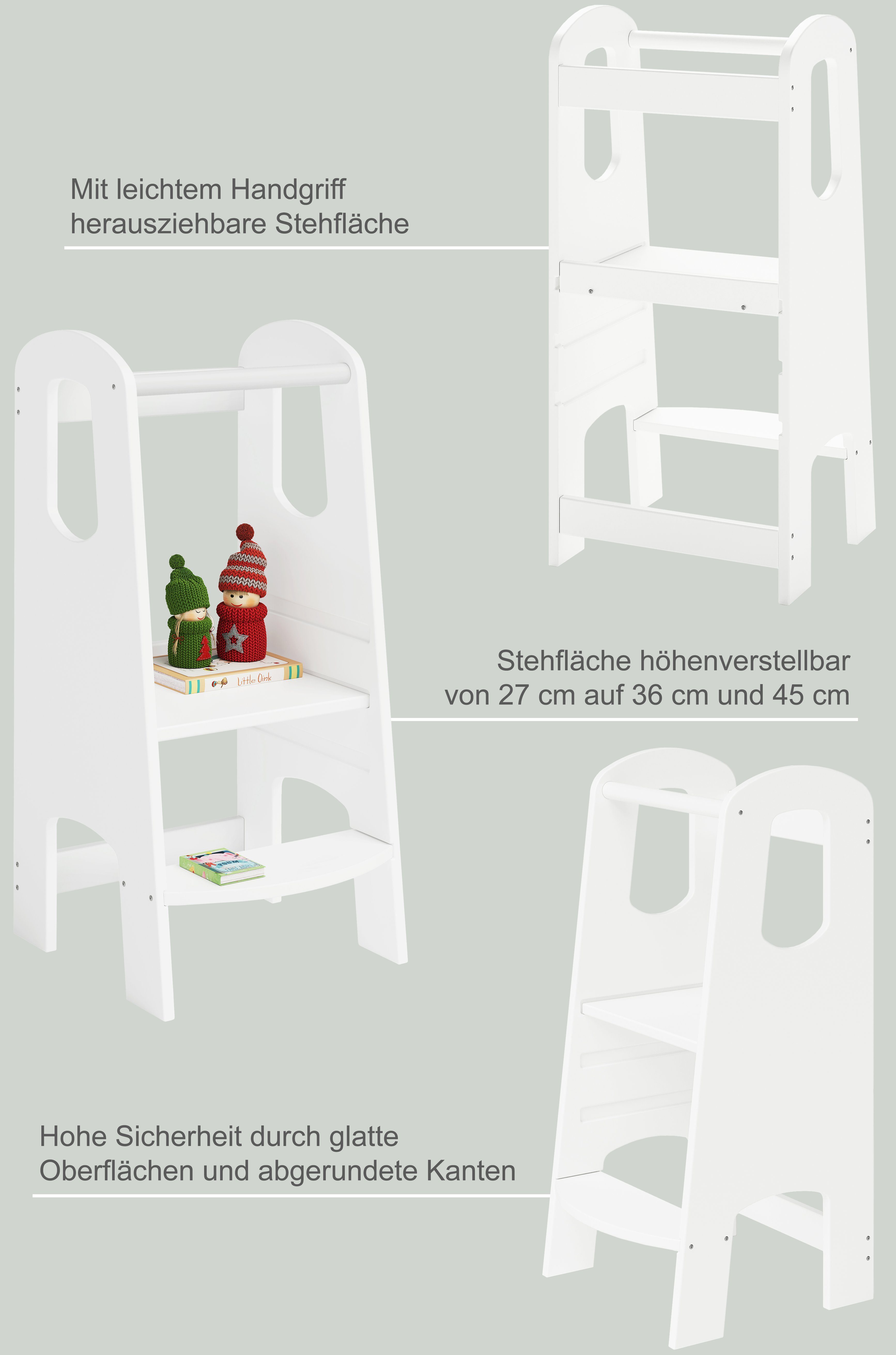 Bellabino Stehhilfe Lernturm Luni, 3-fach weiß aus Sperrholz, Birke höhenverstellbar