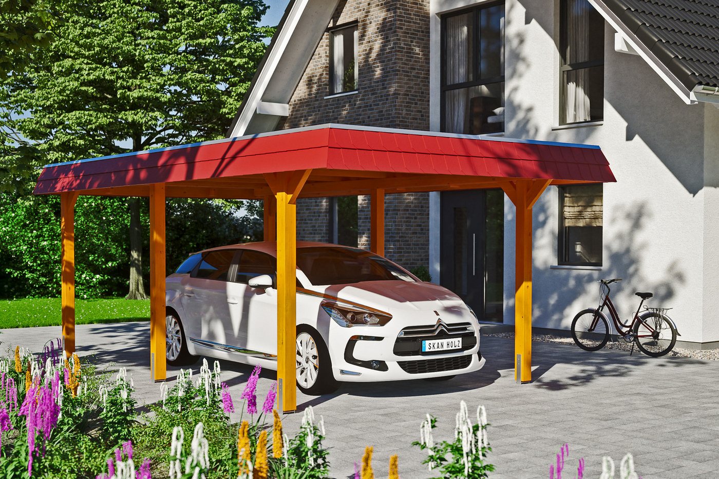 Thumbnail - Skanholz Einzelcarport Wendland, BxT: 362x628 cm, 206 cm Einfahrtshöhe, mit Aluminiumdach, rote Blende