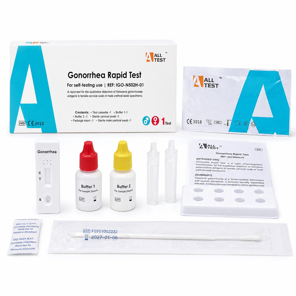 HANGZHOU ALLTEST BIOTECH CO.,LTD Influenza-Schnelltest ALLTEST Gonorrhoe (Tripper) Selbsttest – Abstrich-Schnelltest, 1 Test, 1 Messparameter, Testset / Komplettset, 1-tlg., 1 Testset inkl. Testkassette, Abstrichtupfern und Anleitung, Gonorrhoe Selbsttest, Abstrichtest für Frauen & Männer