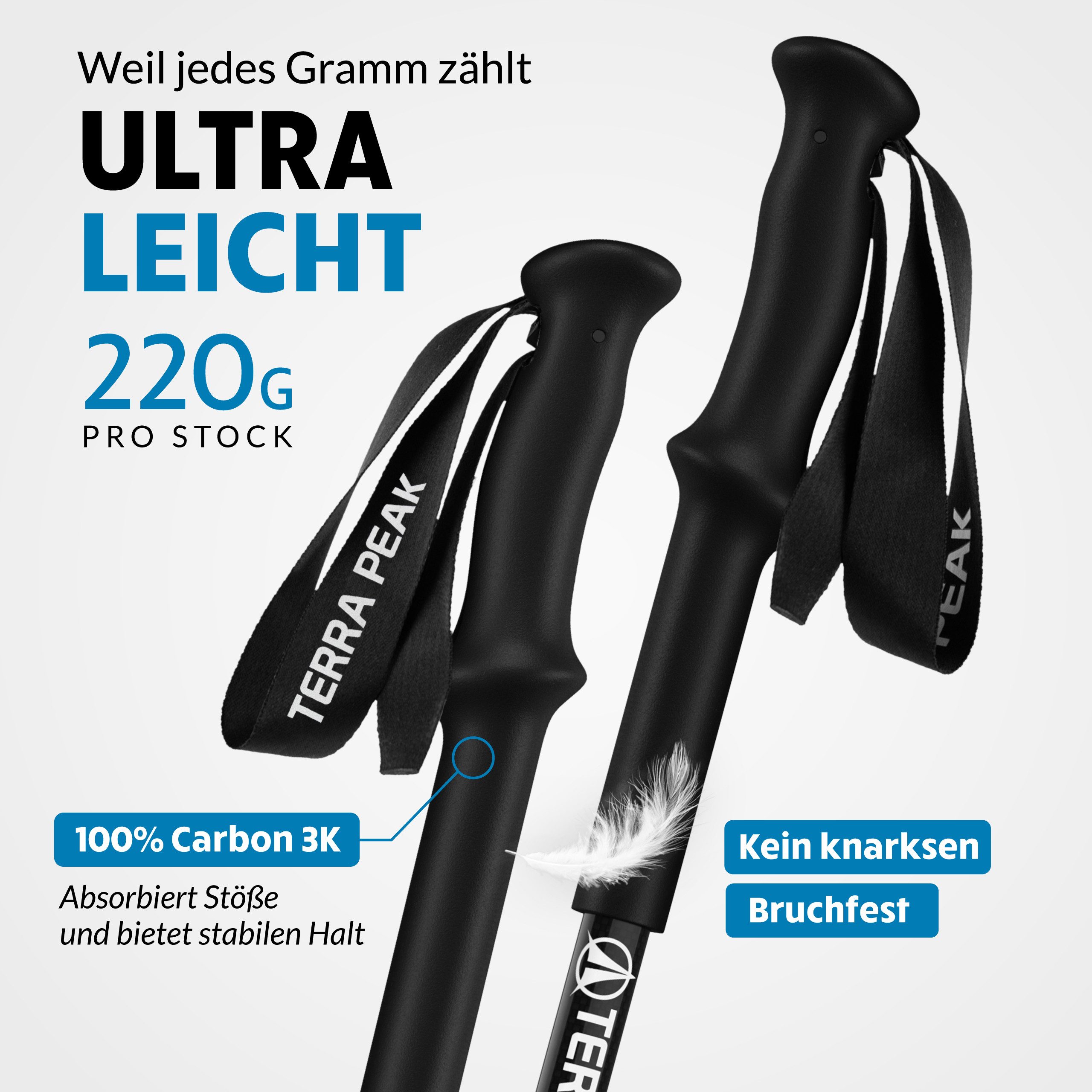 Terra Peak Wanderstöcke Explorer Pro 135 (inklusive Mikrofaserhandtuch und 4 zusätzliche Aufsätze), Ergonomische EVA-Griffe