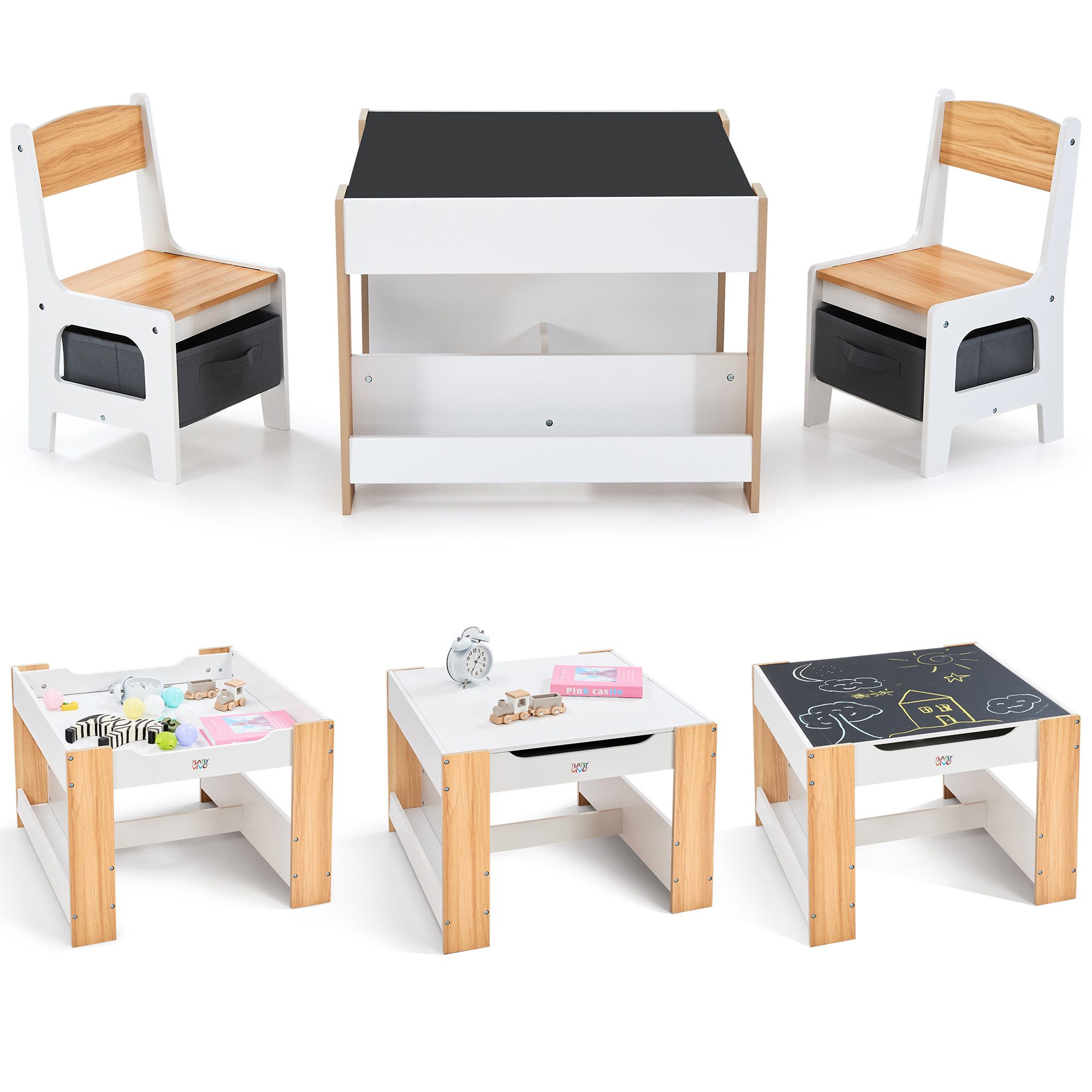 Baby Vivo Kindersitzgruppe multifunktionaler Tisch 2 Stühle aus Holz - Mia günstig online kaufen