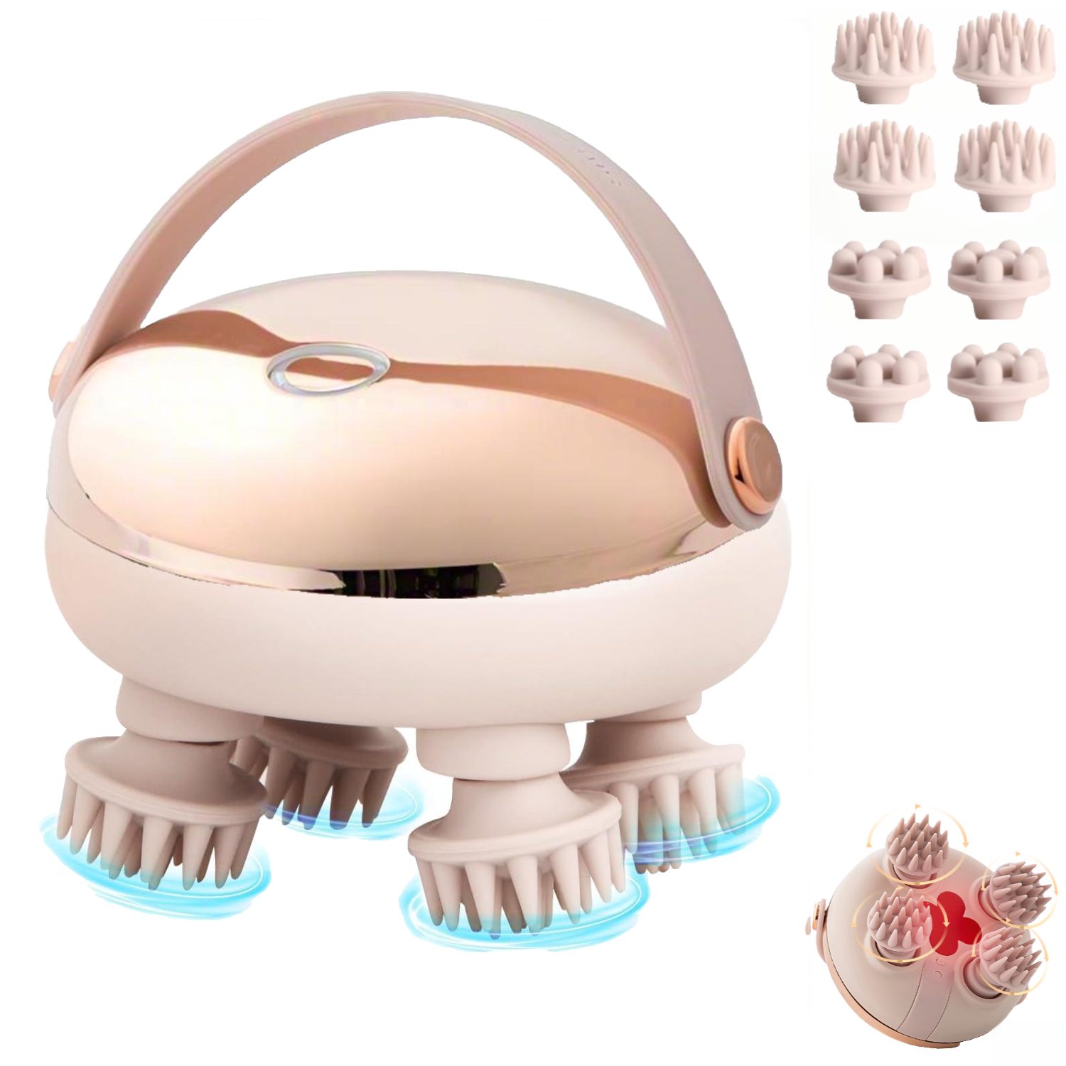 Toomoke Massagegerät elektrisches Kopfmassagegerät,handliches Kopfmassagegerät,2 modi, Körper-Massagegerät, Rotes Lichtpflege,mit 8 Massageköpfen,IPX6,Geschenk, Scalp Massager,Anti-Stress-Massage, Silikon-Massageaufsätze,Golden