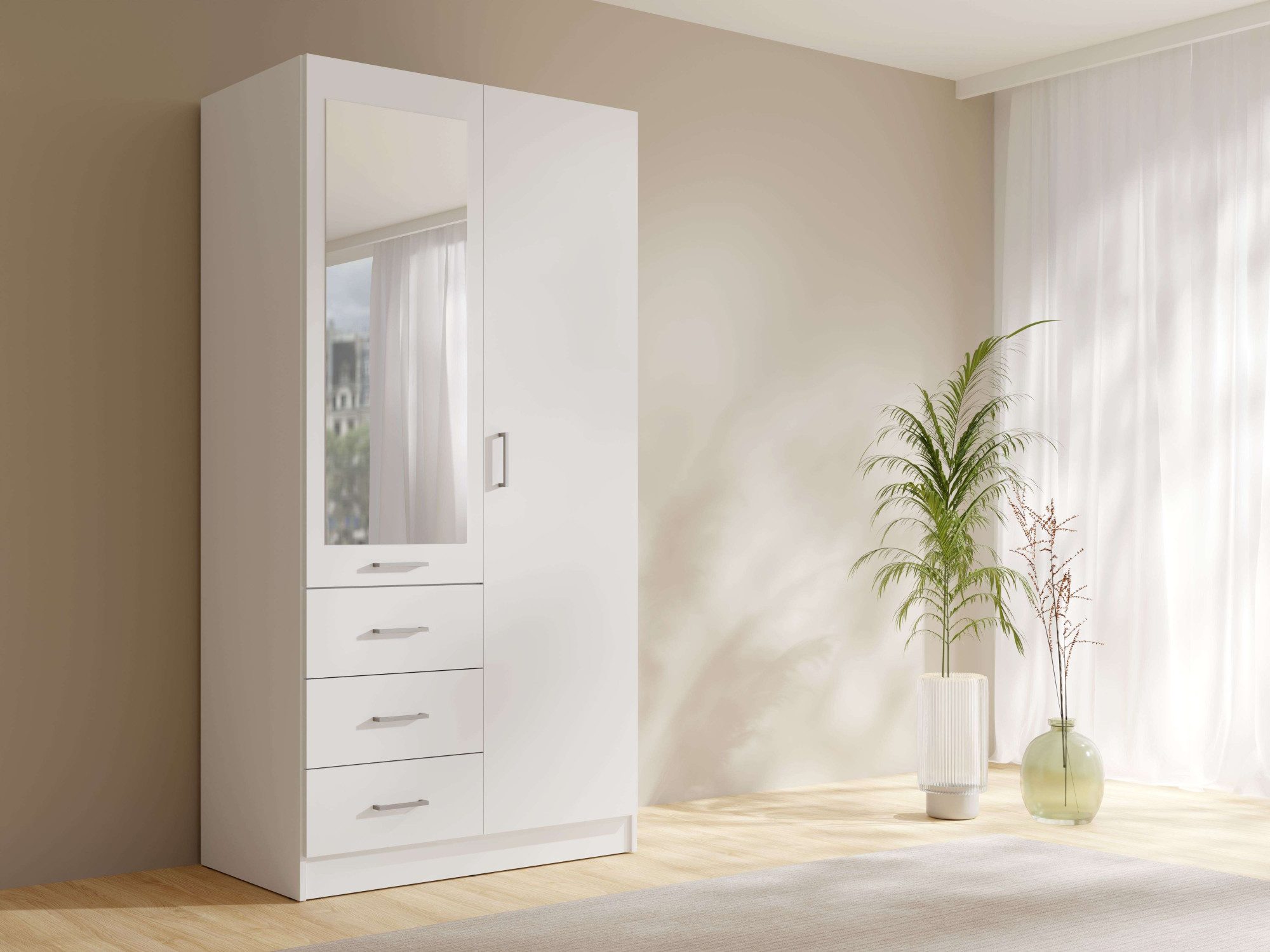 OTTO home Kleiderschrank KOOS Garderobe mit 3 Schubladen, Kleiderstange und Spiegel Wäscheschrank mit 2 Drehtüren, silber Griffen, Maße …