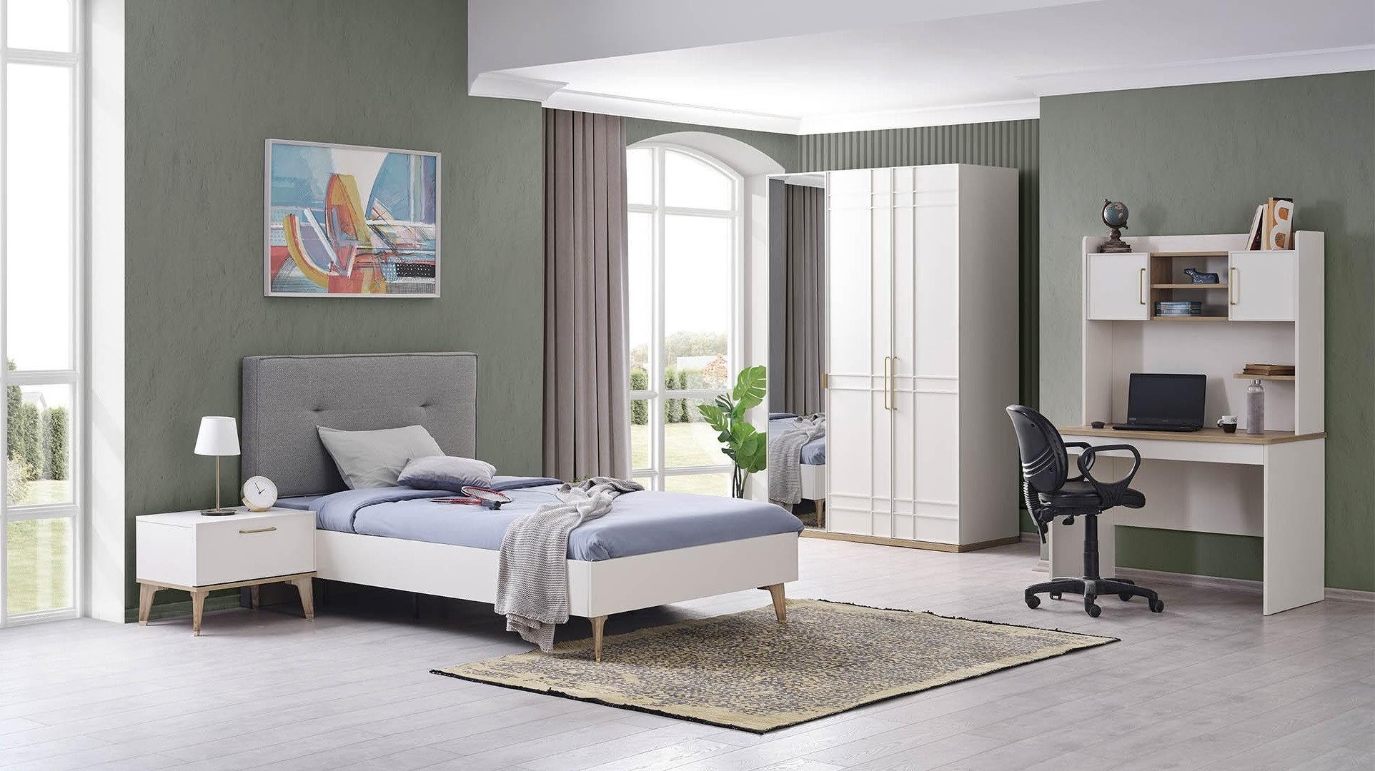 Jugendzimmer-Set Weißes Holz Jugendbett mit Kleiderschrank, Regal und Nachttisch