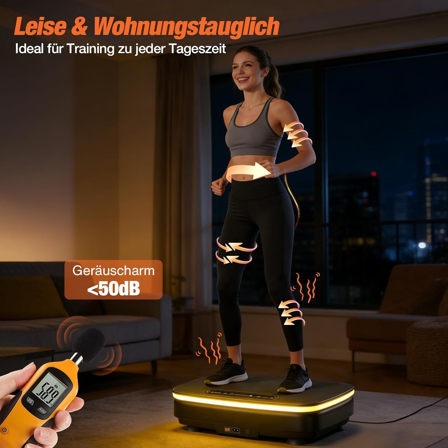 DH FitLife Vibrationsplatte für Zuhause, 9 Auto-Programme, Bluetooth & Stimmungslicht, 150 W, 99 Intensitätsstufen, (Set, mit Trainingsbändern), Leise & Stabil mit Saugnäpfen, Inkl. Zugbänder, 150kg Belastung
