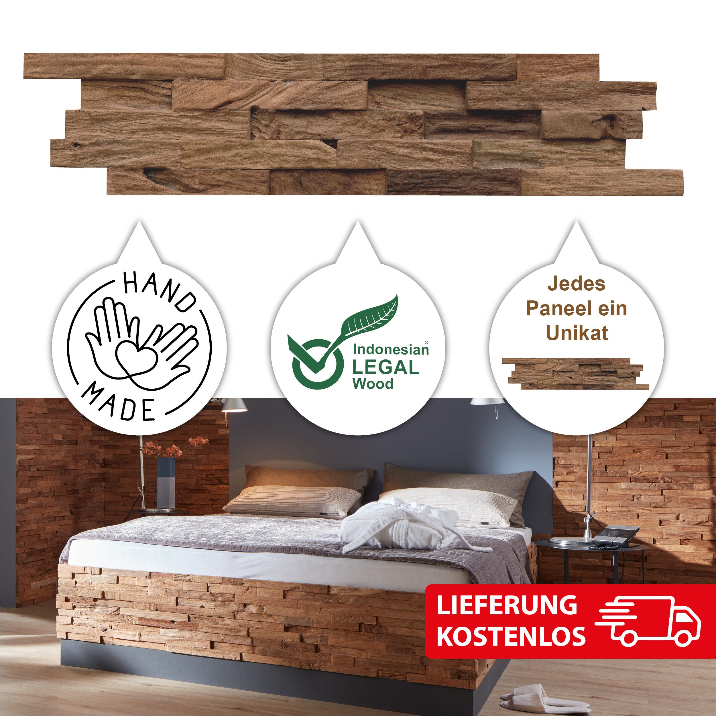 INDO 3D Wandpaneel Teak Diamond / Classic echte Altholz Wandverkleidung zum kleben, BxL: 15,00x61,00 cm, 0,10 qm, (Packung, Versandkostenfreie Lieferung) schall – Bild 2 von 5