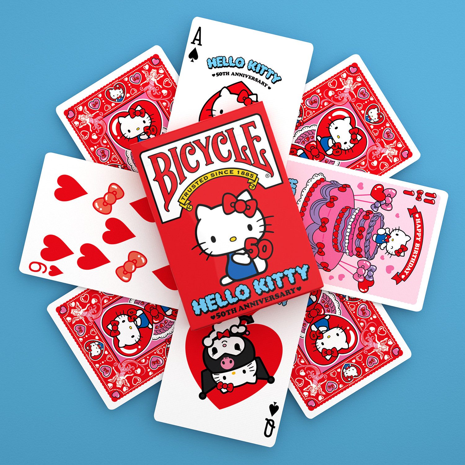 Cartamundi Spiel Bicycle® Kartendeck - Hello Kitty 50th Anniversary, Kartenspiel, mit einzigartigem Air-Cushion®-Finish