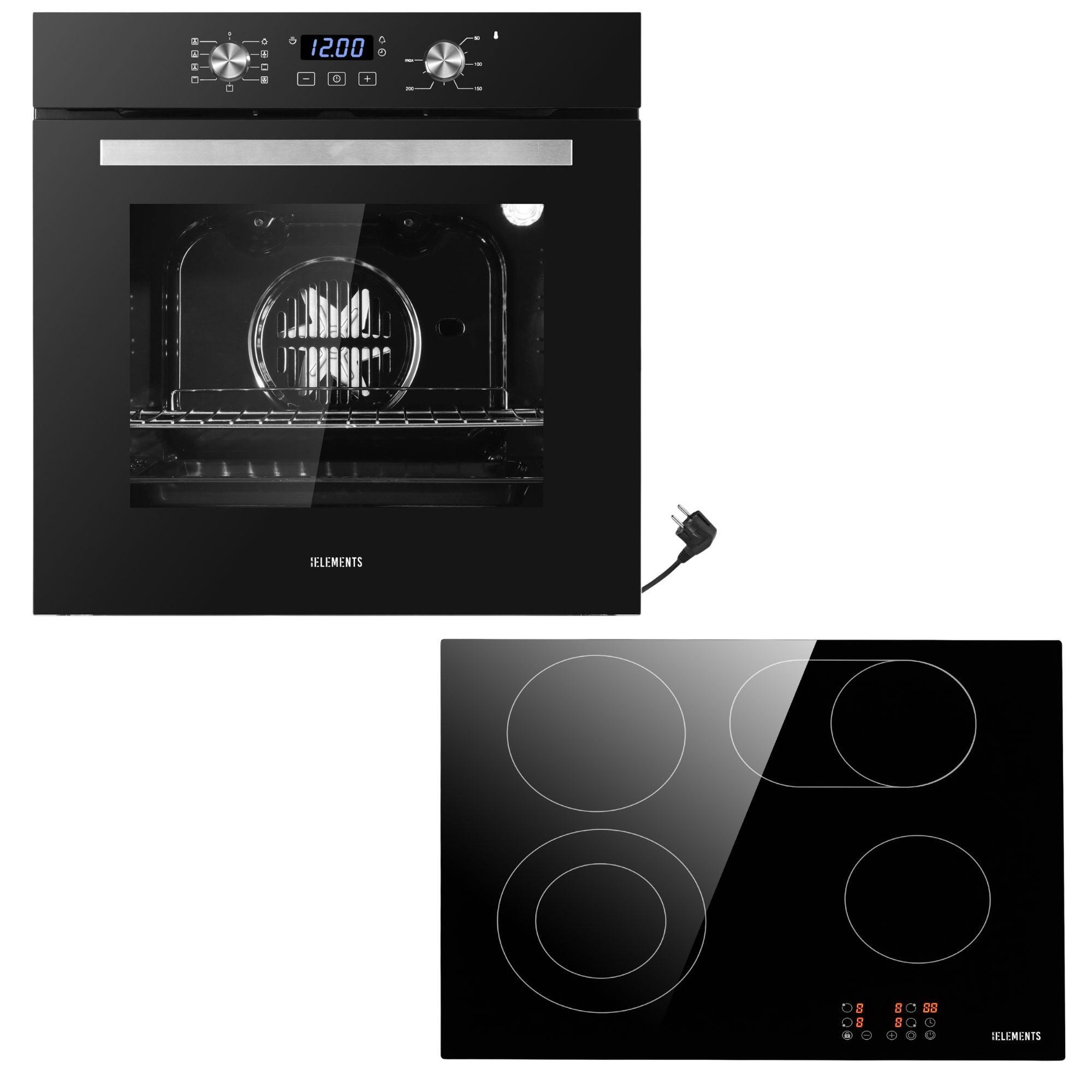 KB Elements Elektro-Herd-Set Einbaubackofen 60 cm mit 4-Zonen Glaskeramik Kochfeld 60 cm, AQUA CLEAN, Aqua Clean, Circle Fan Heater, Flexzone