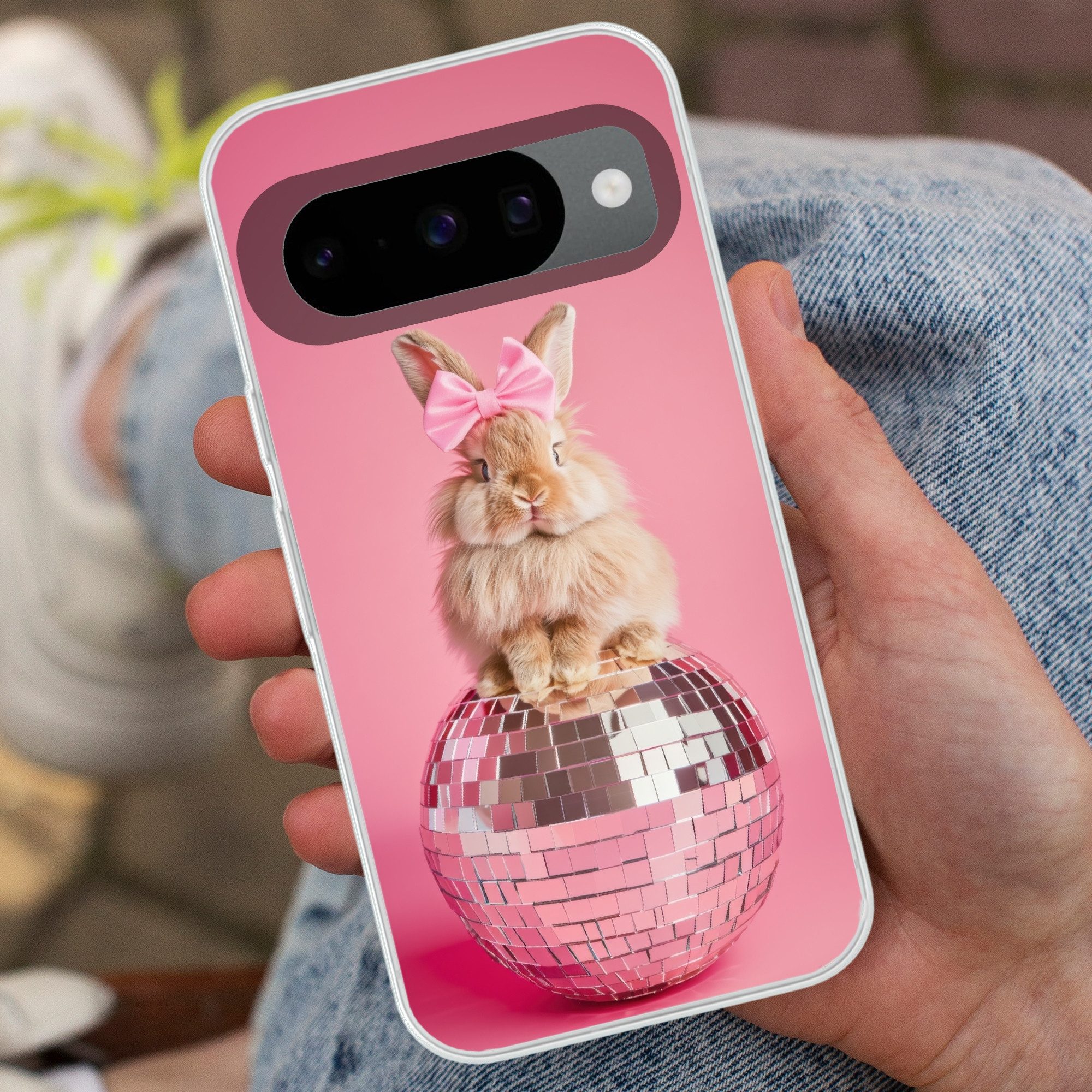 MuchoWow Handyhülle für Google Pixel 10 Pro Schleife - Discoball - Kaninchen, Handy Case, Silikon, Bumper Case Dünn