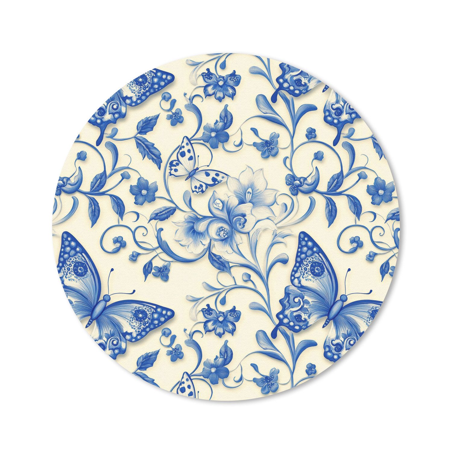 MuchoWow Mauspad Schmetterlinge - Blumen - Blau - Botanisch (1-St), Büro für Tastatur und Maus, Mousepad Gaming, Rund 20x20 cm