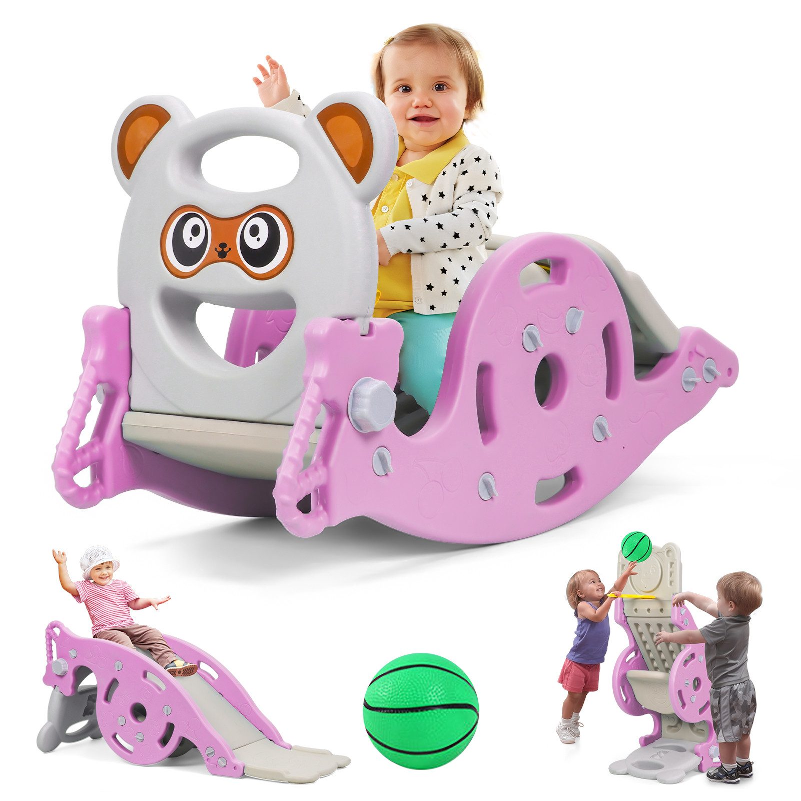 Rutaqian Indoor-Rutsche 4in1 Kinder Spielgerät Schaukelpferd Rutsche Basketballkorb, Indoor Outdoor Spielset für Kinder 1-6 Jahre, stabiles Design