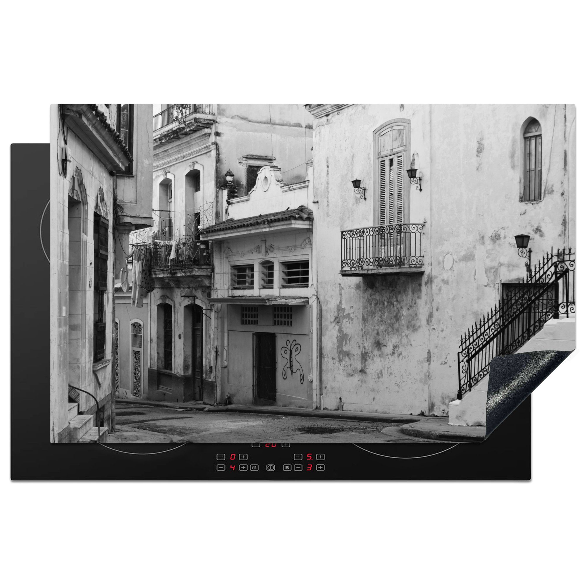MuchoWow Herdblende-/Abdeckplatte Straße in Kuba schwarz tlg), - die Vinyl, weiß, Schutz (1 81x52 küche, Induktionskochfeld cm, für Ceranfeldabdeckung und
