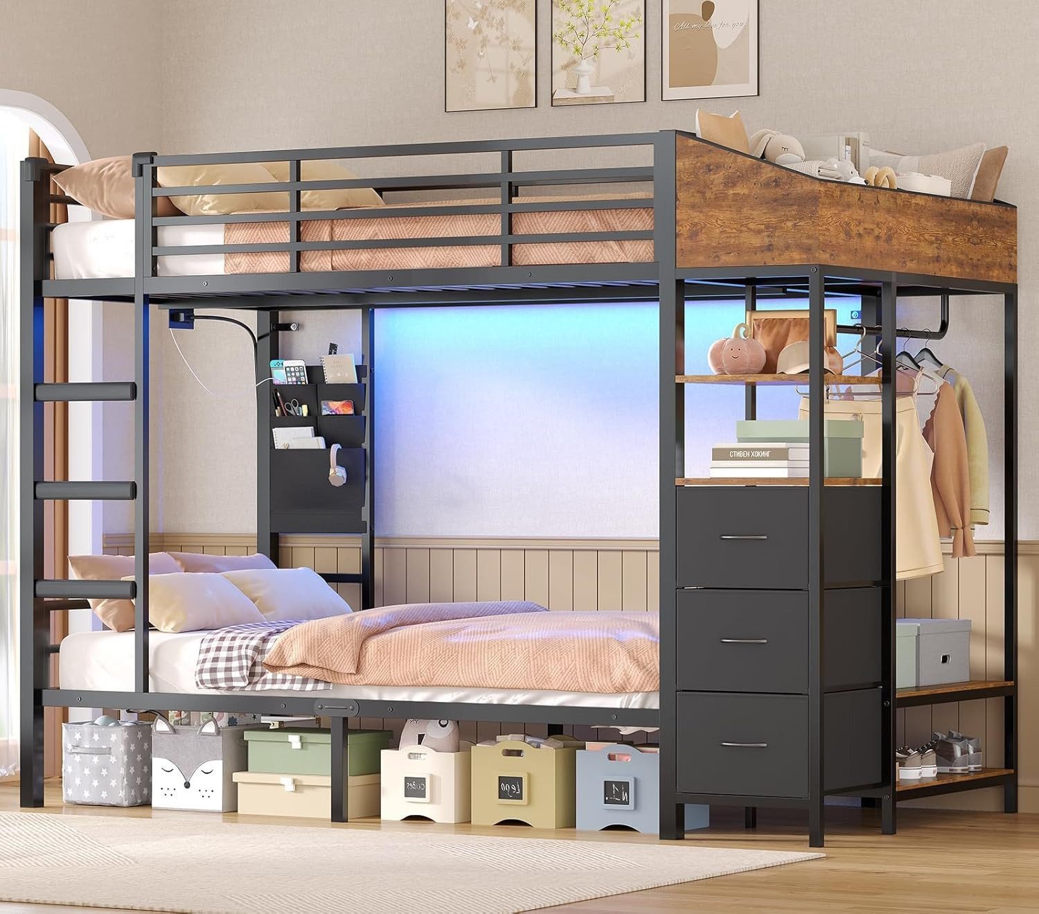 MSMASK Etagenbett mit Treppe, Garderobenständer und viel Stauraum, 90x200cm (1-St., Ohne Matratze), Modernes Hochbett mit LED Beleuchtung und Ladestation