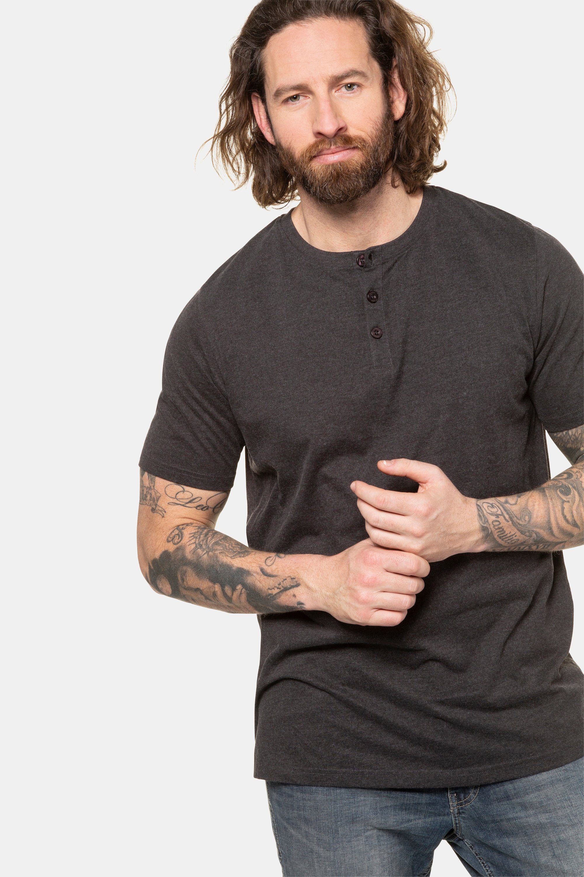 JP1880 Basic Halbarm T-Shirt Knopfleiste anthrazit Henley