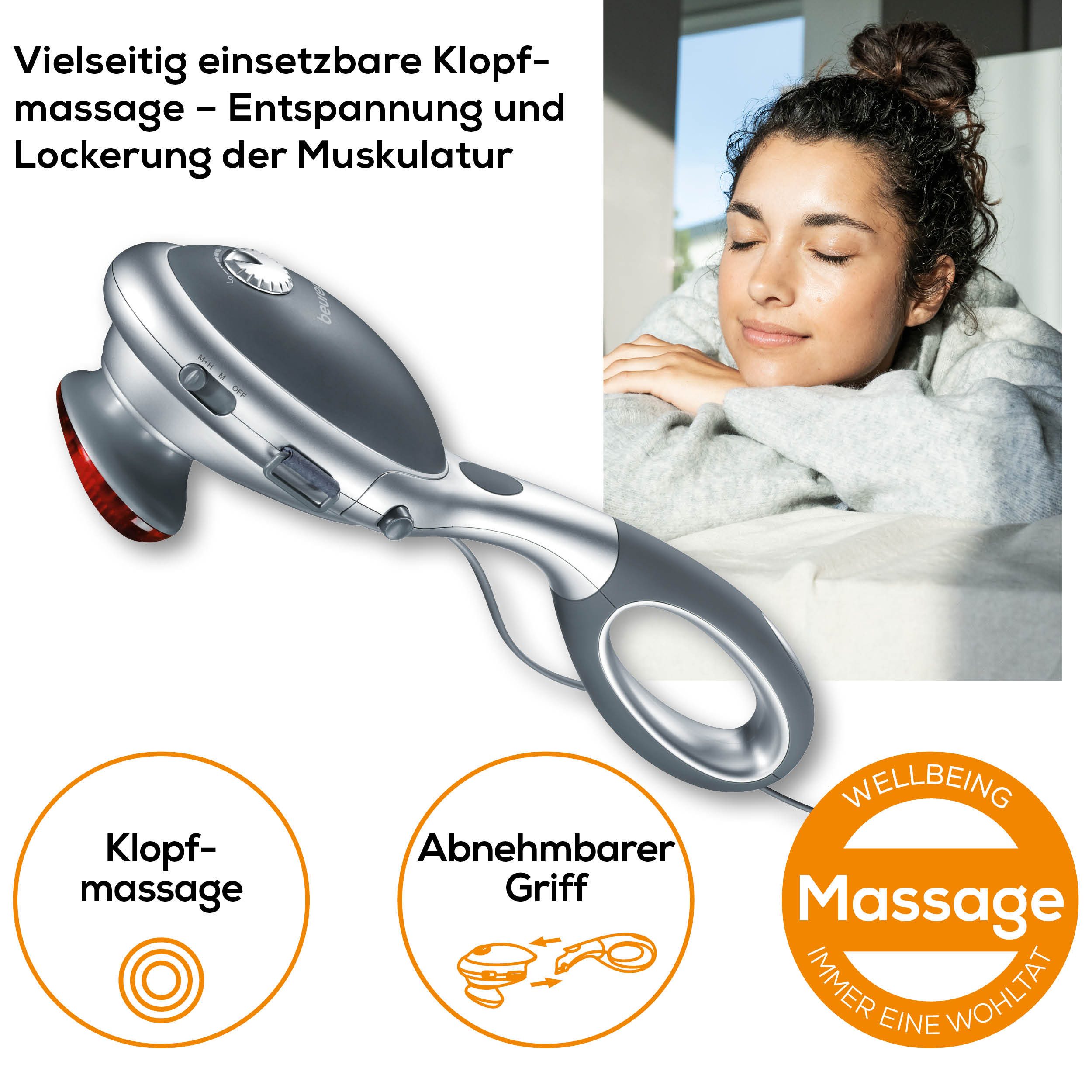 BEURER Massagegerät MG 70 für eine tiefenwirksame Klopfmassage mit Infrarotwärme, Vielseitig anwendbar mit oder ohne Handgriff, 2 Massageaufsätze