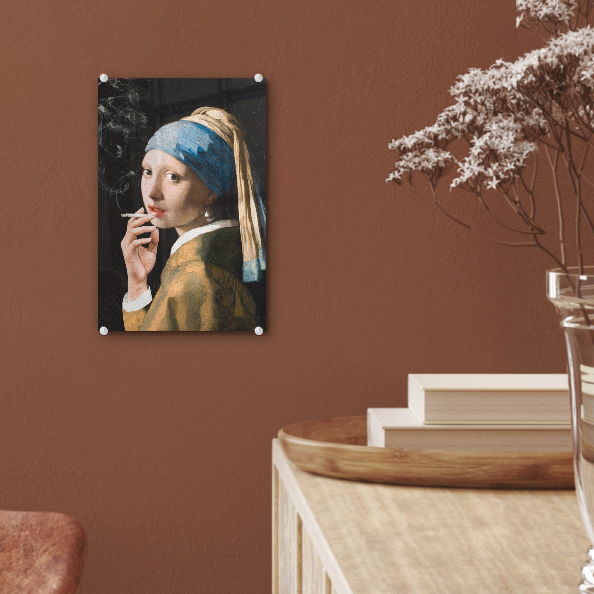 Bilder auf Acrylglasbild Johannes - - Glasbilder Foto Glas Zigaretten, Mädchen Vermeer MuchoWow (1 Wandbild - Perlenohrring - St), bunt auf mit - Glas Wanddekoration