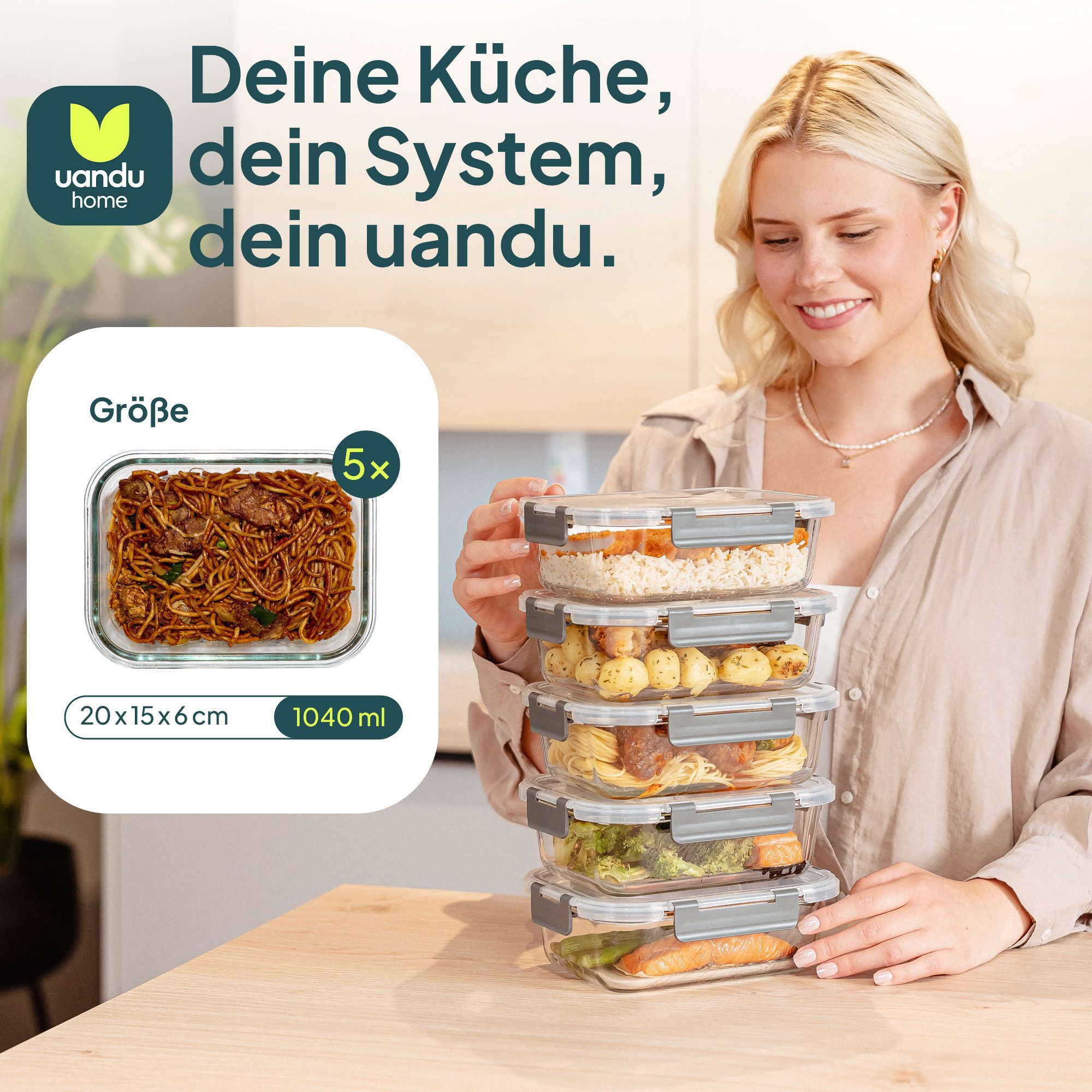 uandu home Frischhaltedose Glasbehälter mit Deckel, Frischhaltedosen Glas mit Deckel, (glasdosen mit deckel set, glas tupper mit deckel, glass food container, f – Bild 2 von 5