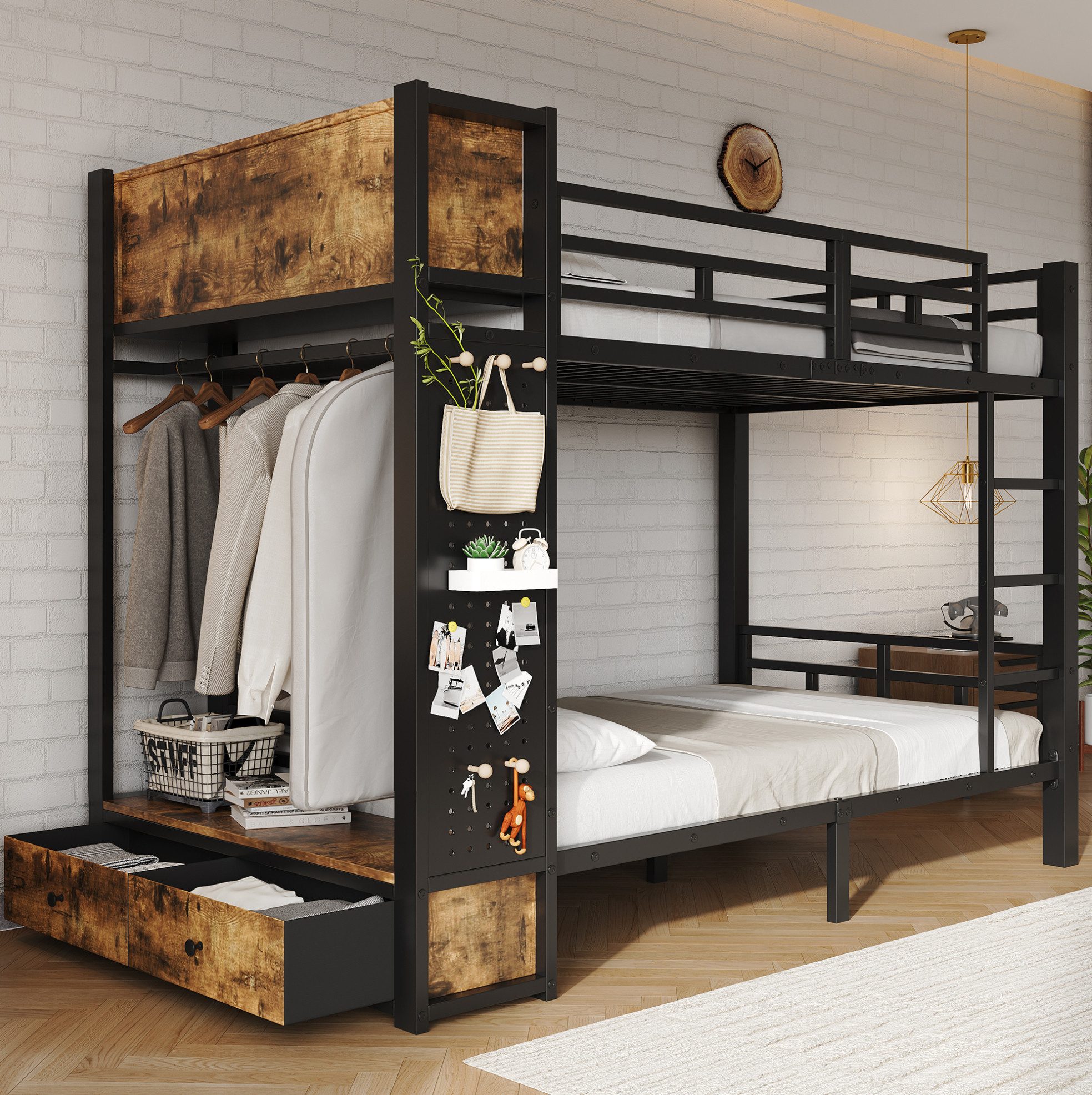 OKWISH Etagenbett Kinderbett (mit Stauraum, Kleiderstange, Schublade und Lochwand, Metallbett 120x200 cm, mit offenen Regalfächern, Jugendbett Funktionsbett), ohne Matratze