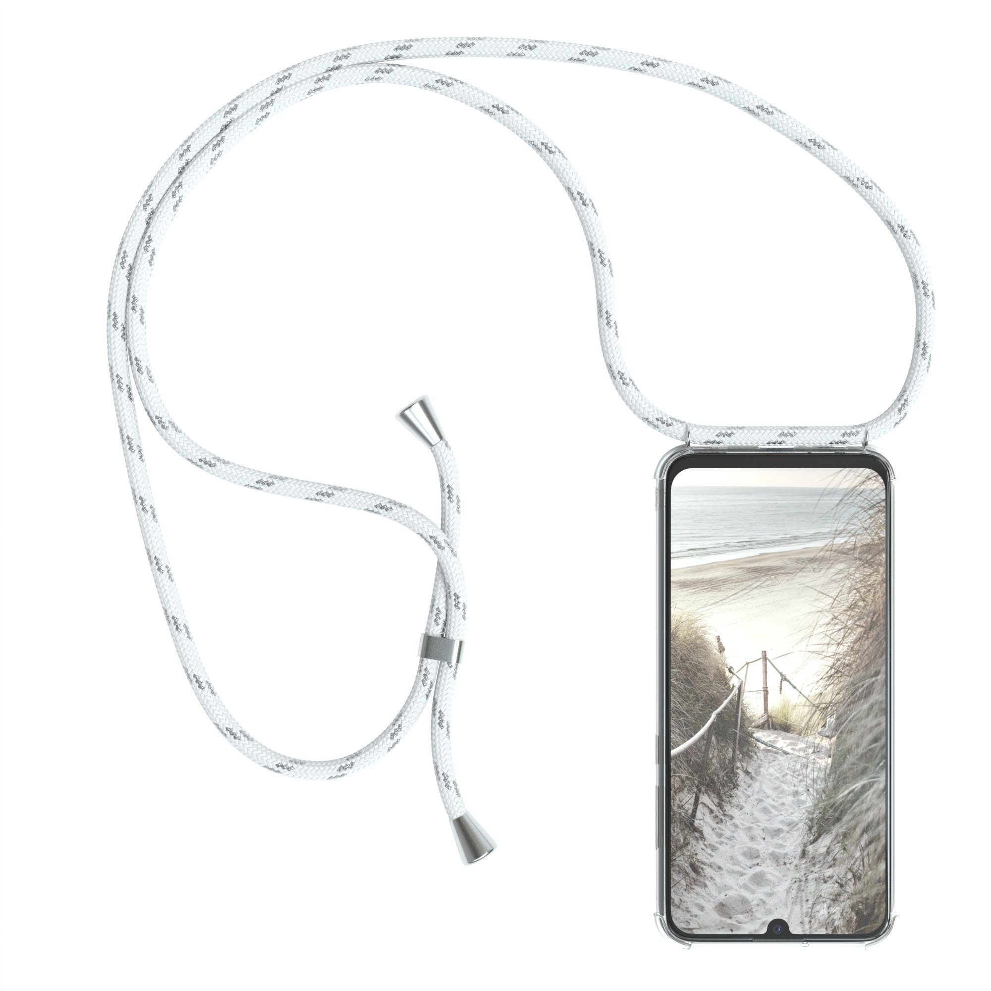 EAZY CASE Handykette Hülle mit Kette für Honor 10 Lite 6,21 Zoll, Hülle Smartphonekette für Unterwegs Festivalhülle Transparent Weiß