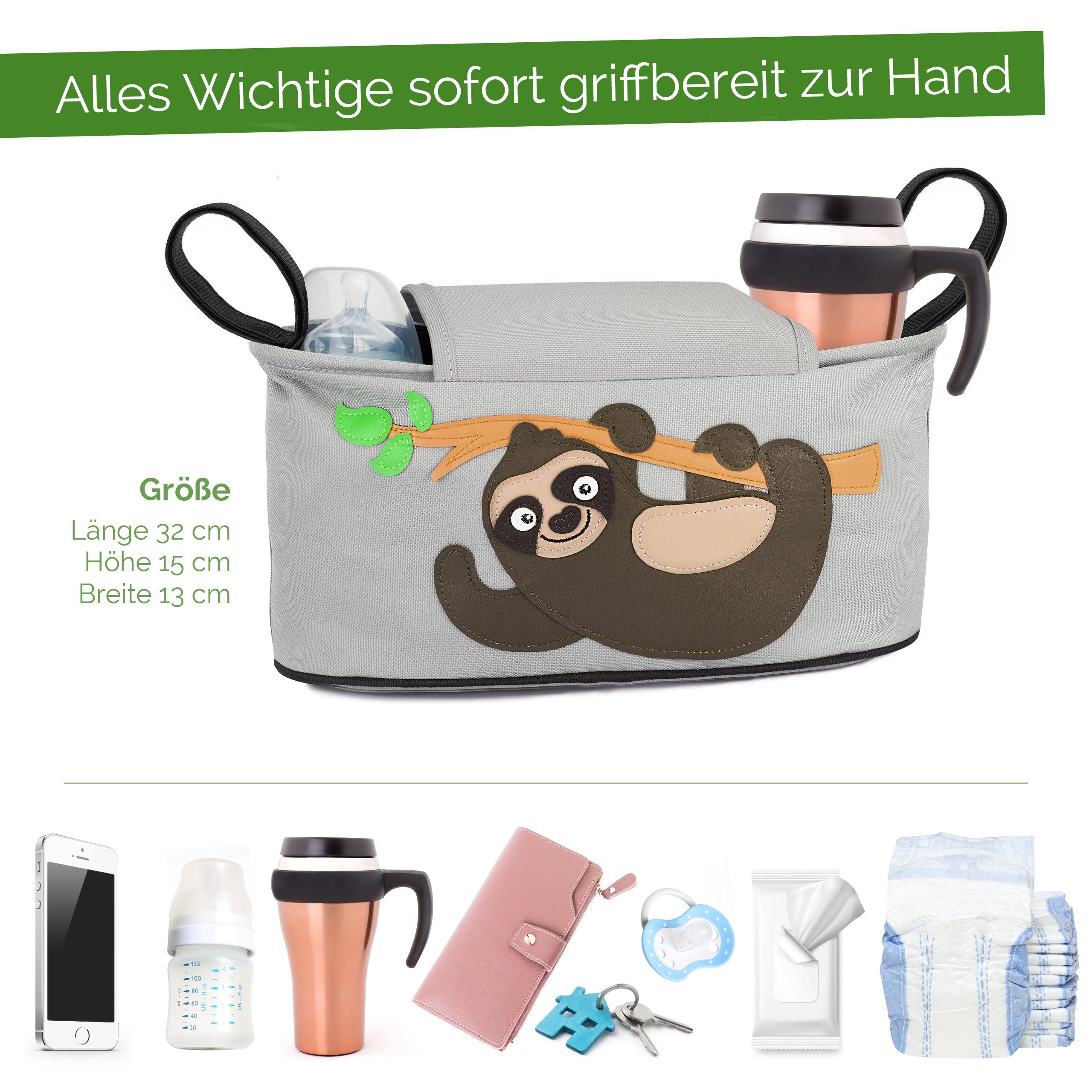 GLÜCKSWOLKE Kinderwagen-Tasche in Grau oder Schwarz I 6 Motive I Kinderwagentasche & Buggy Organizer, Kinderwagen Tasche mit Getränkehalter und Feuchttücherfach