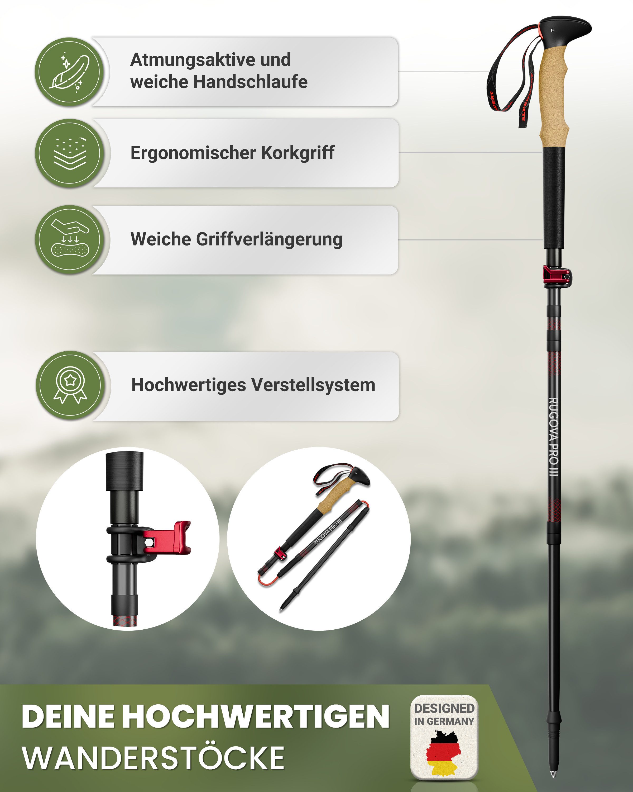 Alpenwert Wanderstöcke faltbar Nordic Walking Stöcke Damen Herren Trekkingstöcke Trekking (NEUHEIT, 12 Teiliges Set), Wanderstöcke Faltbar
