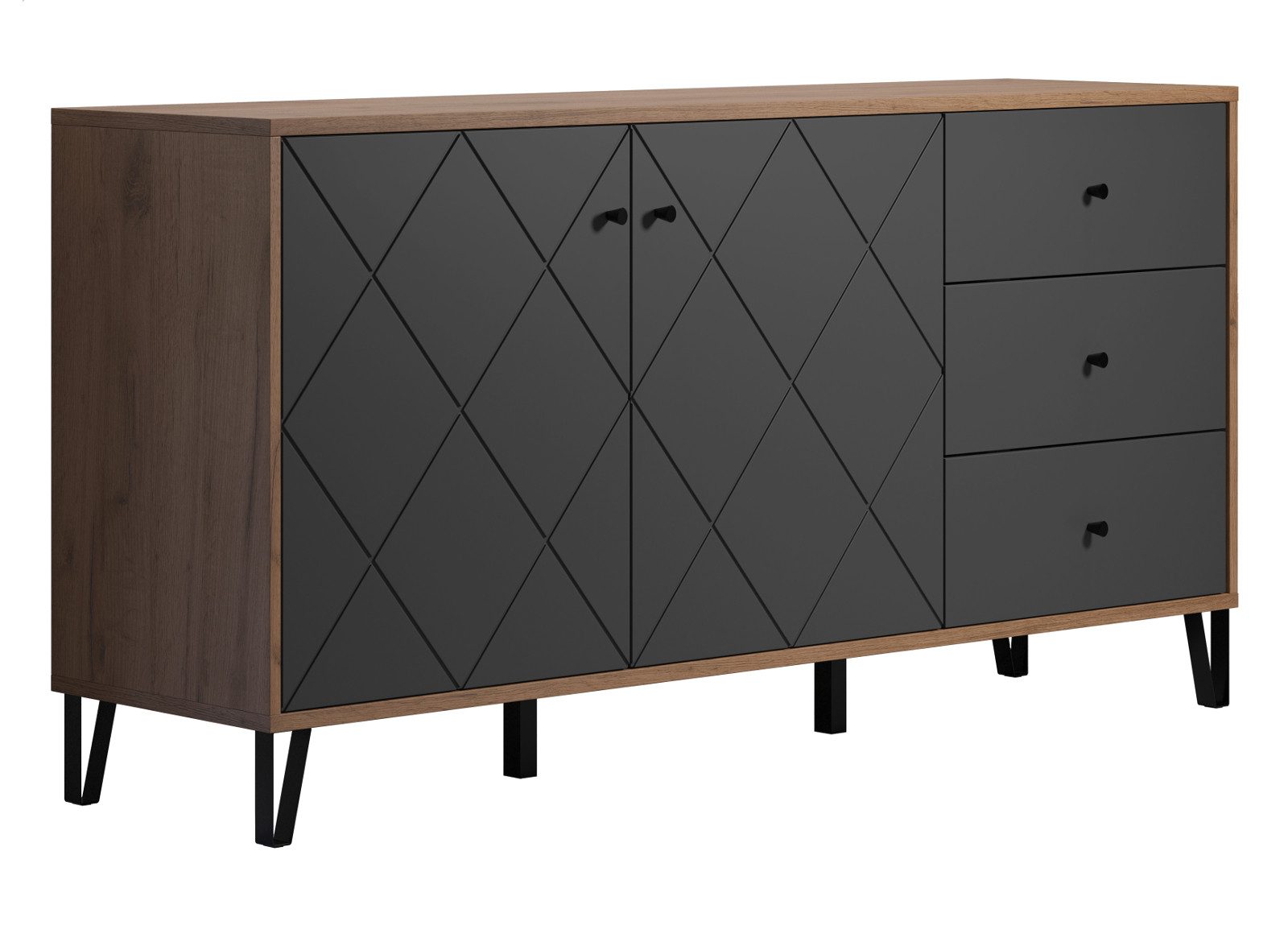 trendteam Sideboard Montez (Anrichte mit 2 Türen und 3 Schublade Eiche und grau, 183 x 76 cm), mit Soft-Close