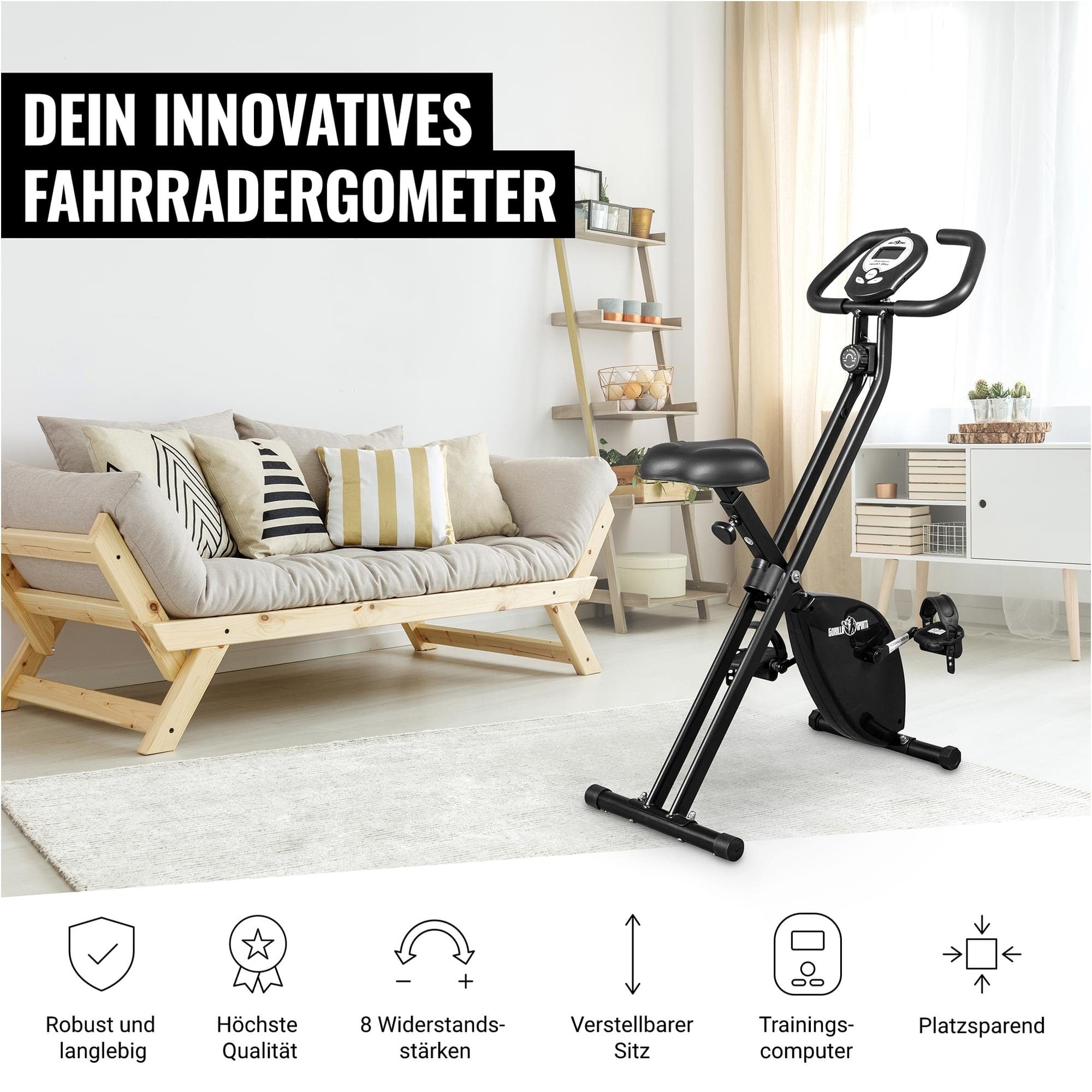 GORILLA SPORTS Sitz Schwarz, klappbar, (1-tlg) kg, F-Bike Widerstand, Heimtrainer Verstellbarer & bis 100