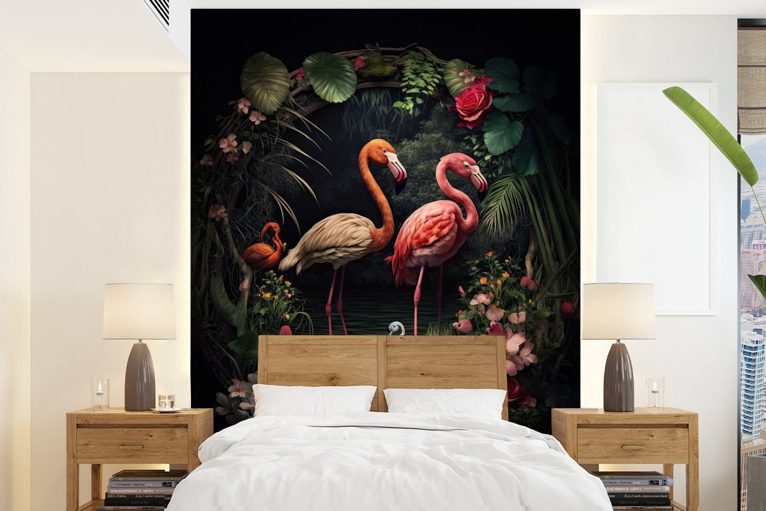 MuchoWow Fototapete Flamingo - Blumen - Pflanzen - Dschungel - Rosa, Matt, bedruckt, (4 St), Montagefertig Vinyl Tapete für Wohnzimmer, Wandtapete