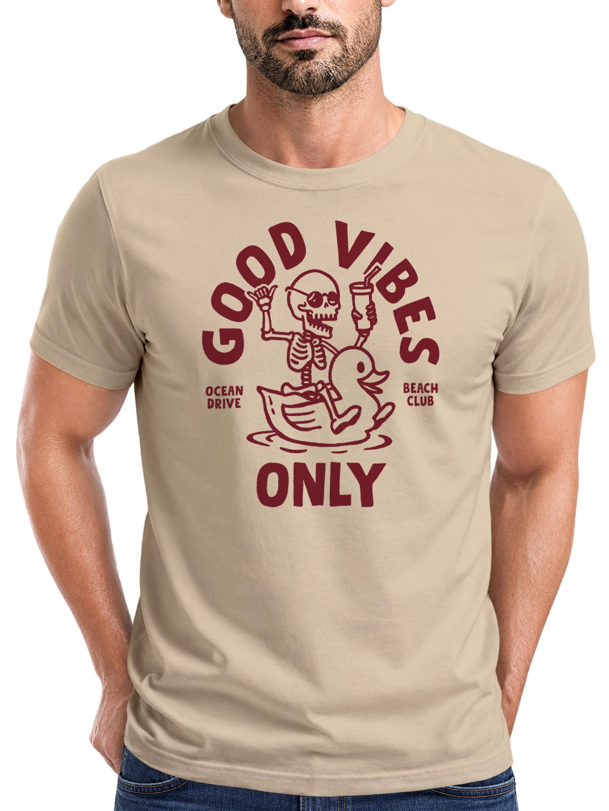 Print-Shirt Herren T-Shirt Printshirt Spruch Good Vibes Only Skelett-Motiv Sommer